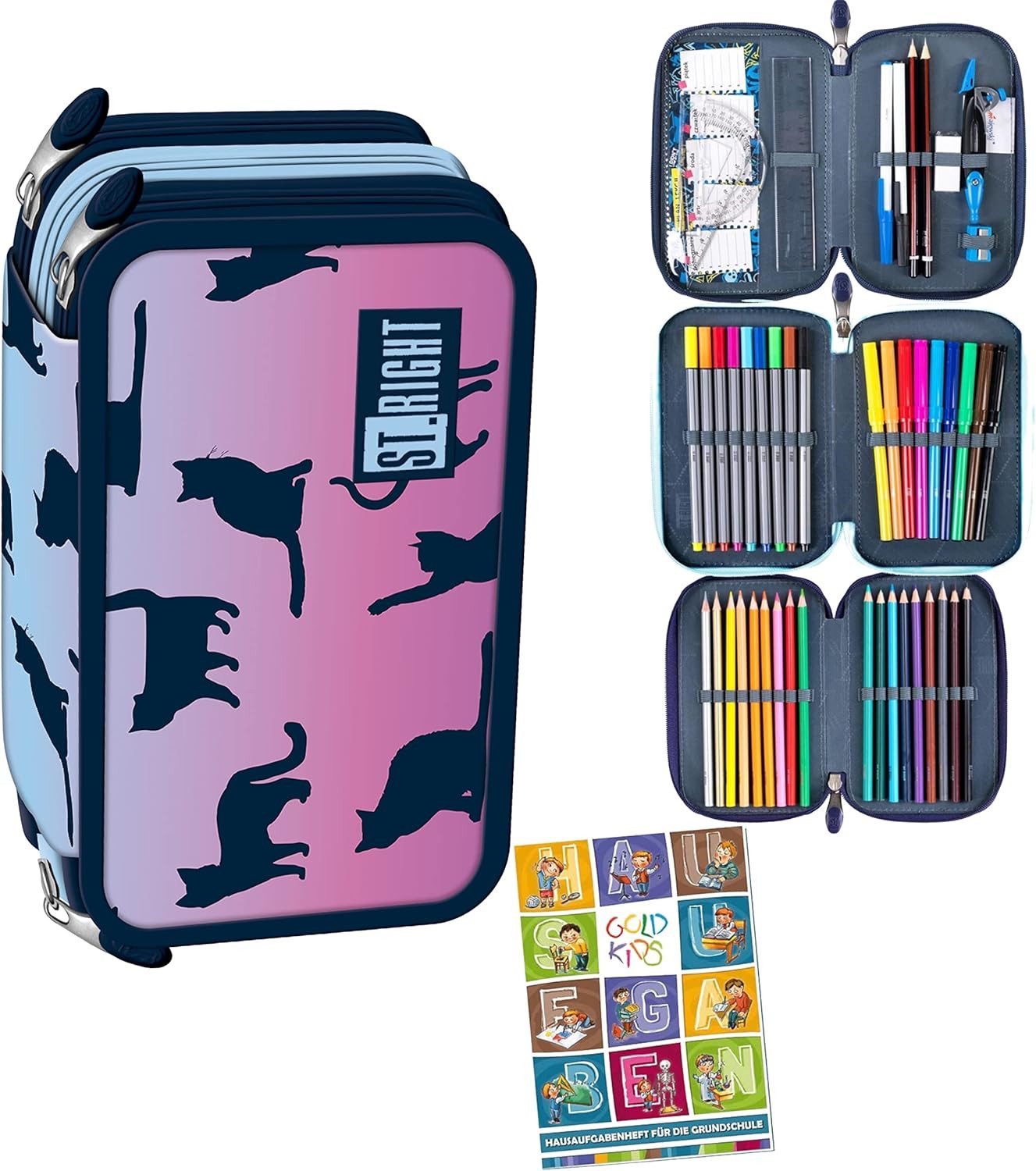 GOLDKIDS Federmäppchen St. Right XXL Federtasche Federmappe 46-teilig, (gefüllte Schüleretui, 1-tlg., 3-stöckig 19 x 13 x), 7 cm inkl. Hausaufgabenheft Night Cats Katze