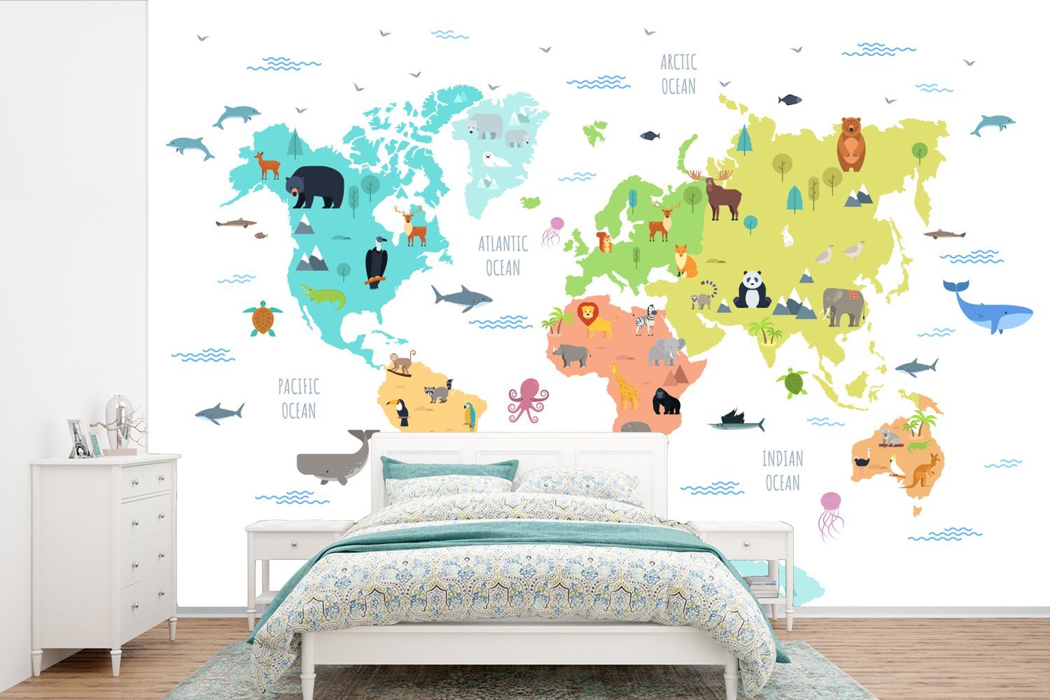MuchoWow Fototapete Weltkarte - bedruckt, Schlafzimmer, Wohnzimmer, St), (6 Kinder, Wallpaper Tapete Vinyl für Kinderzimmer, Matt, - Tiere