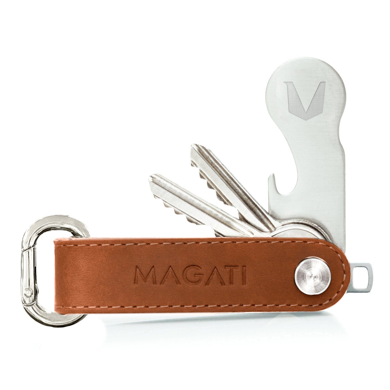 MAGATI Schlüsseltasche Key Organizer aus Echtleder, Schlüsseletui für 1-7 Schlüssel (Inkl. Geschenkbox, Einkaufswagenlöser, Flaschenöffner, Profiltiefenmesser), Key Holder mit Schlüsselfundservice für Damen & Herren Cognac