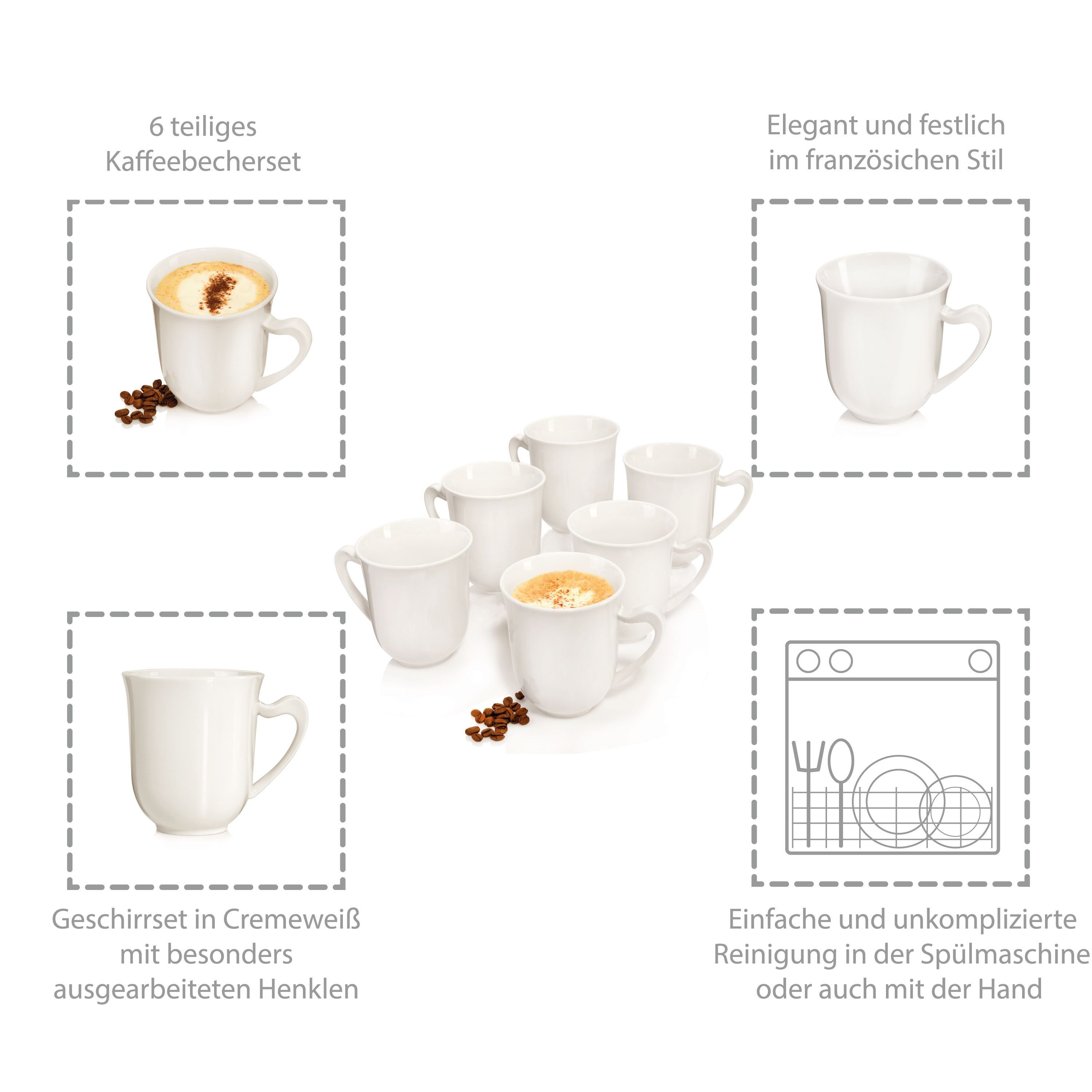 SÄNGER Becher Paris Kaffeebecher Set, Weiß, 6-tlg., Porzellan, ⌀9,7x10,7cm, 330 ml, Premium Collection