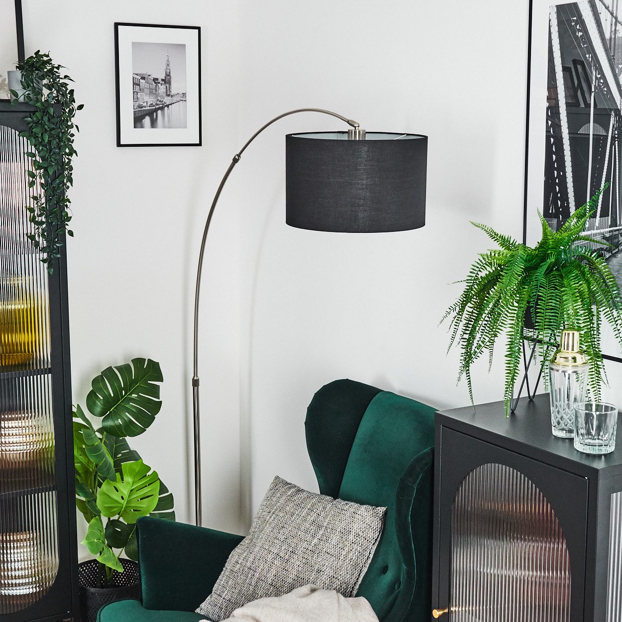 hofstein Bogenlampe Stehlampe mit Marmorfuß aus Metall/Stoff in Nickel-matt/Schwarz/Weiß, verstellbare Stehleuchte im modernen Design, Ø 35 cm, Fußschalter, E27