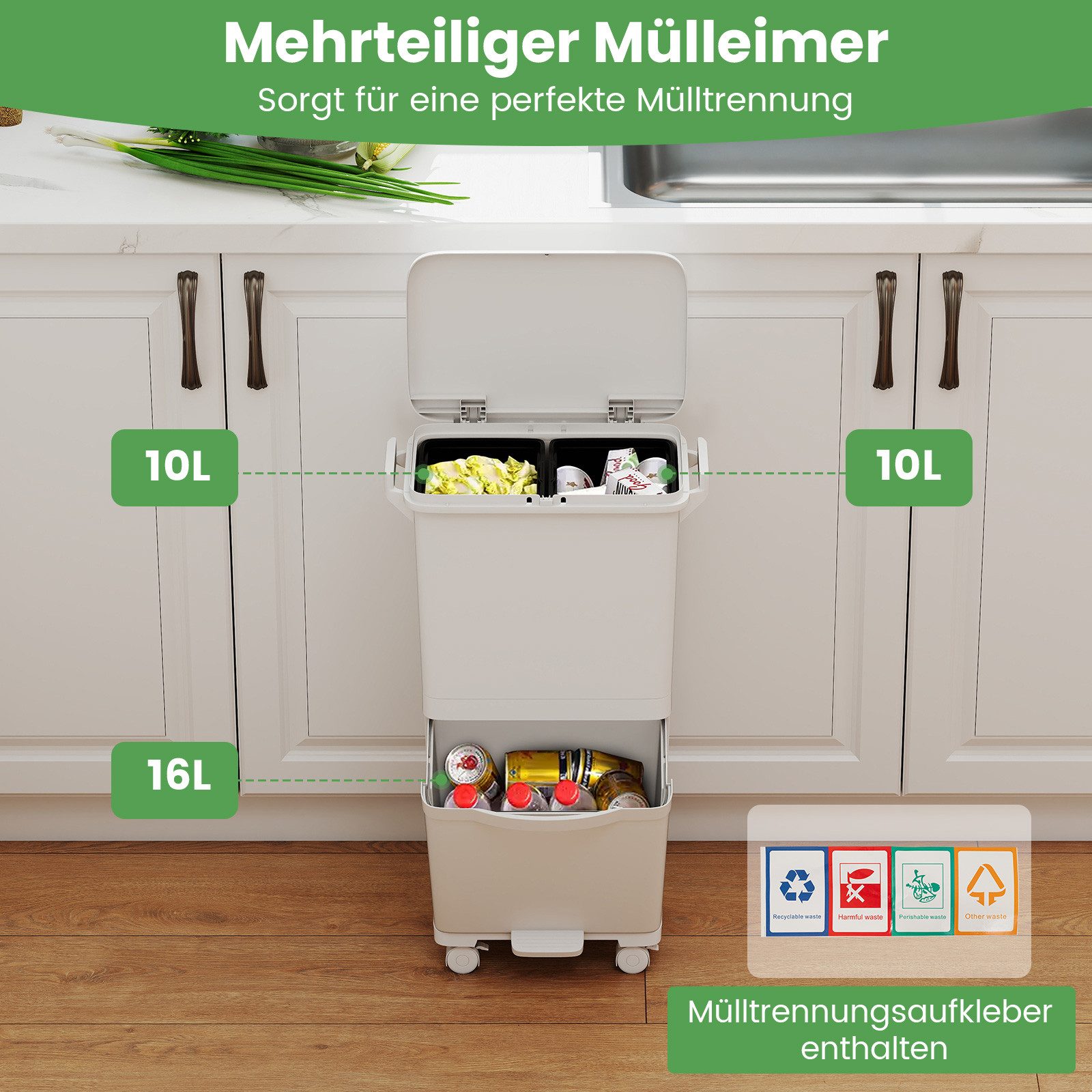 COSTWAY Mülleimer, 3 Fächer, 36L Abfalleimer Küche auf Rollen, mit Aufkleber