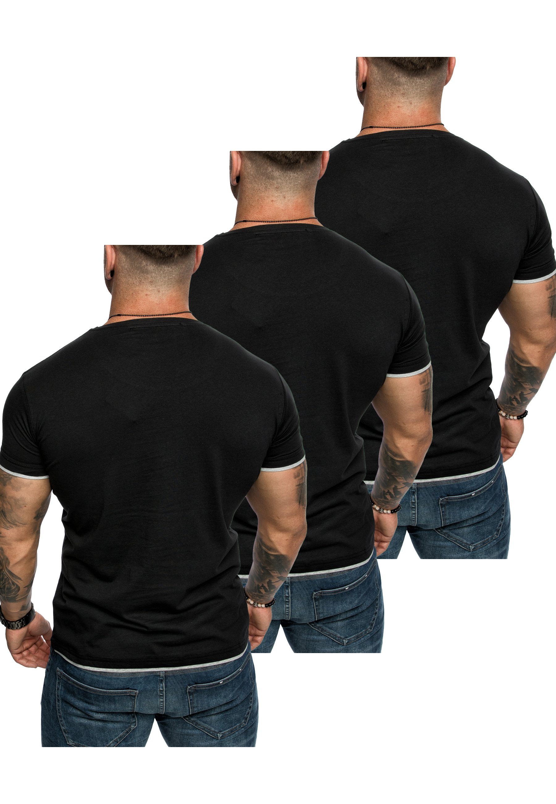 T-Shirts 3. Oversize T-Shirt Basic (3er-Pack) LAKEWOOD (3x Rundhalsausschnitt mit Amaci&Sons Schwarz/Grau) Herren T-Shirt 3er-Pack