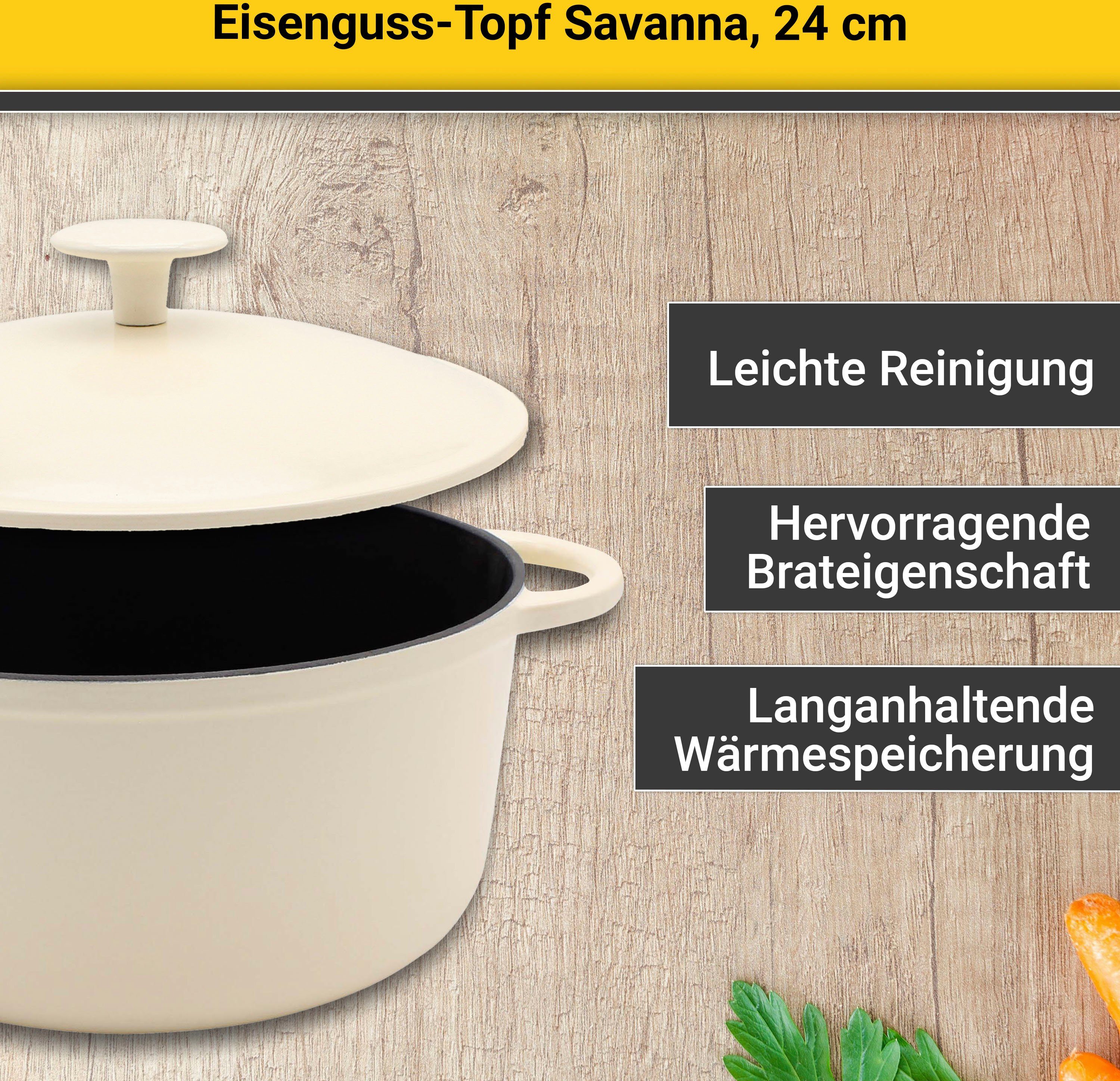 Krüger Fleischtopf Eisenguss Fleischtopf mit Deckel SAVANNA, 24 cm, Gusseisen (1-tlg), für Induktions-Kochfelder geeignet