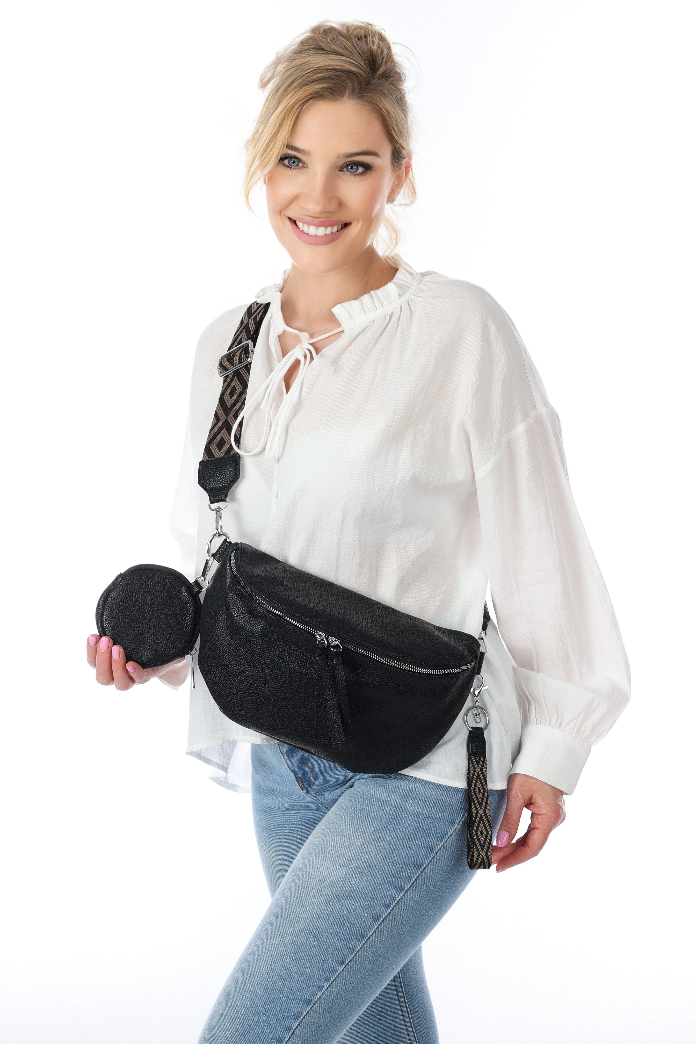 MIRROSI Bauchtasche Damen Taschen, Umhängetasche, Brusttasche, 30x19x10cm Veganes Leder (Schultertasche für jeden Anlass, (dazu 1x Schlüsselband und 1x Münzenbe – Bild 3 von 3