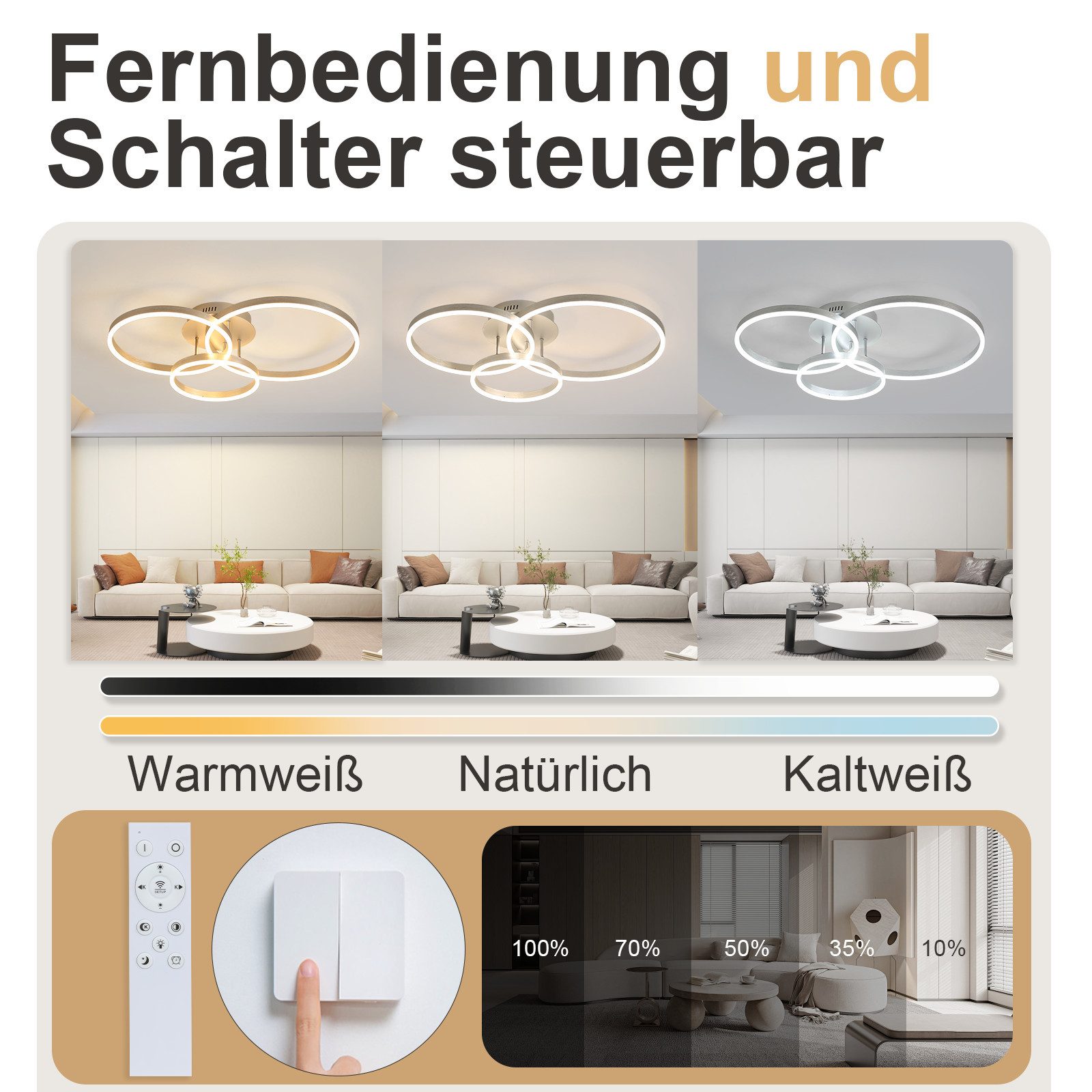 ZMH LED Deckenleuchte Dimmbar Schwarz/Gold Ringe Deckenlampe Modern 46/74W Wohnzimmer, Augenschutz, Einfache Installtion, LED fest integriert, 3000-6500K, Metall aus Acryl Schlafzimmerlampe mit Fernbedienung