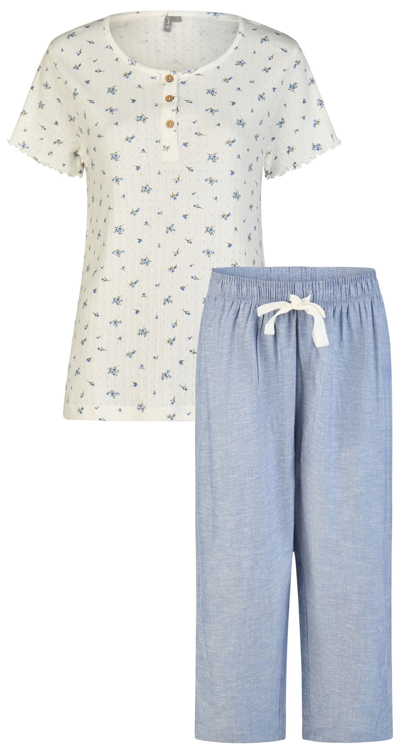 By Louise Schlafanzug Sleep Chic (Set, 2 tlg., 2-teilig) Damen Pyjama Caprihose Kurzarm Baumwolle geknöpft Sommer