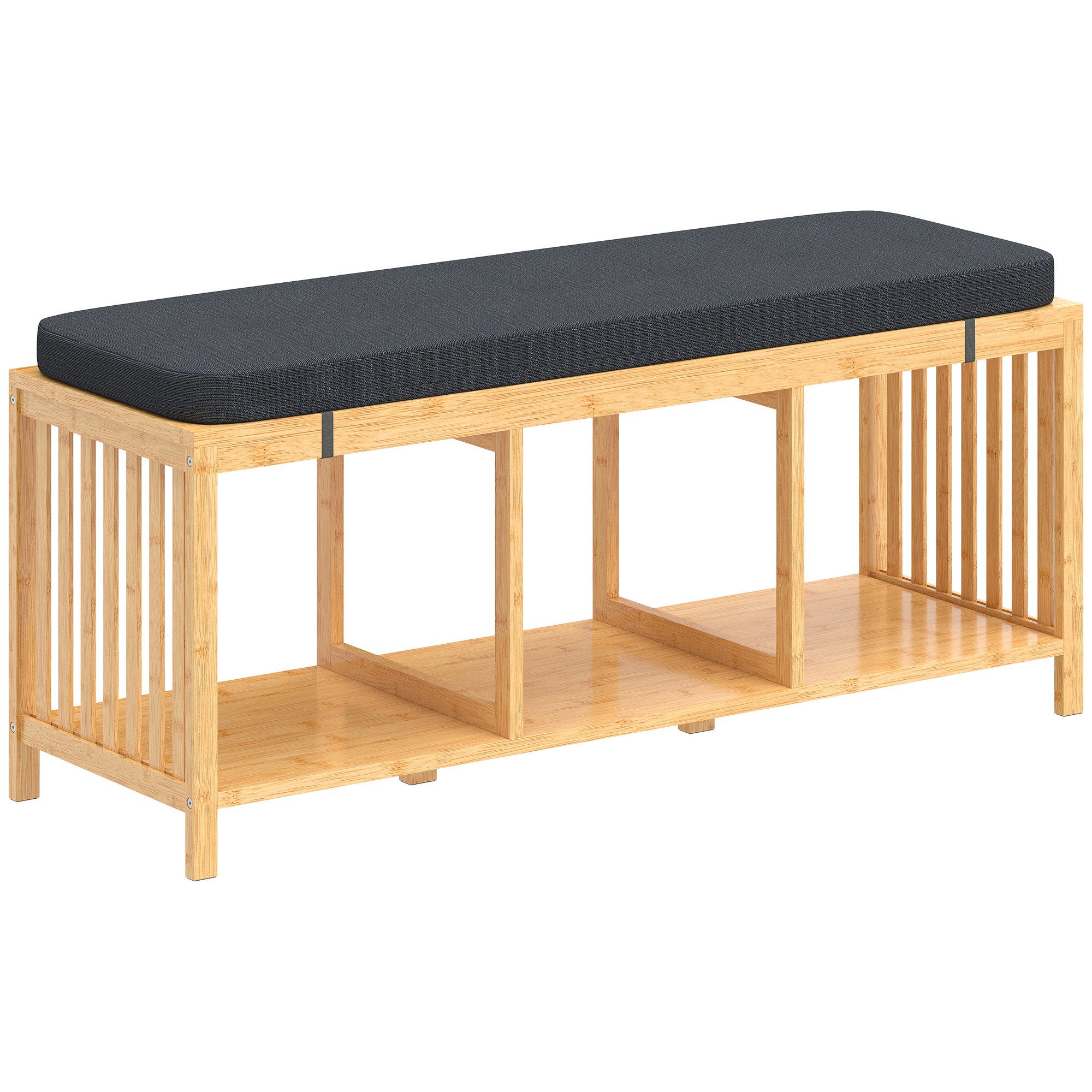 OKWISH Schuhbank Bambus Schuhbank Flurbank mit Sitzkissen, 102 x 33 x 45 cm (Packung, 1-St., Aufbewahrungsbank für Schuhe, Eingang Bank mit Stauraum Regal), Sitzbank mit Polster, Flurbank Holzoptik mit Schuhablage offen