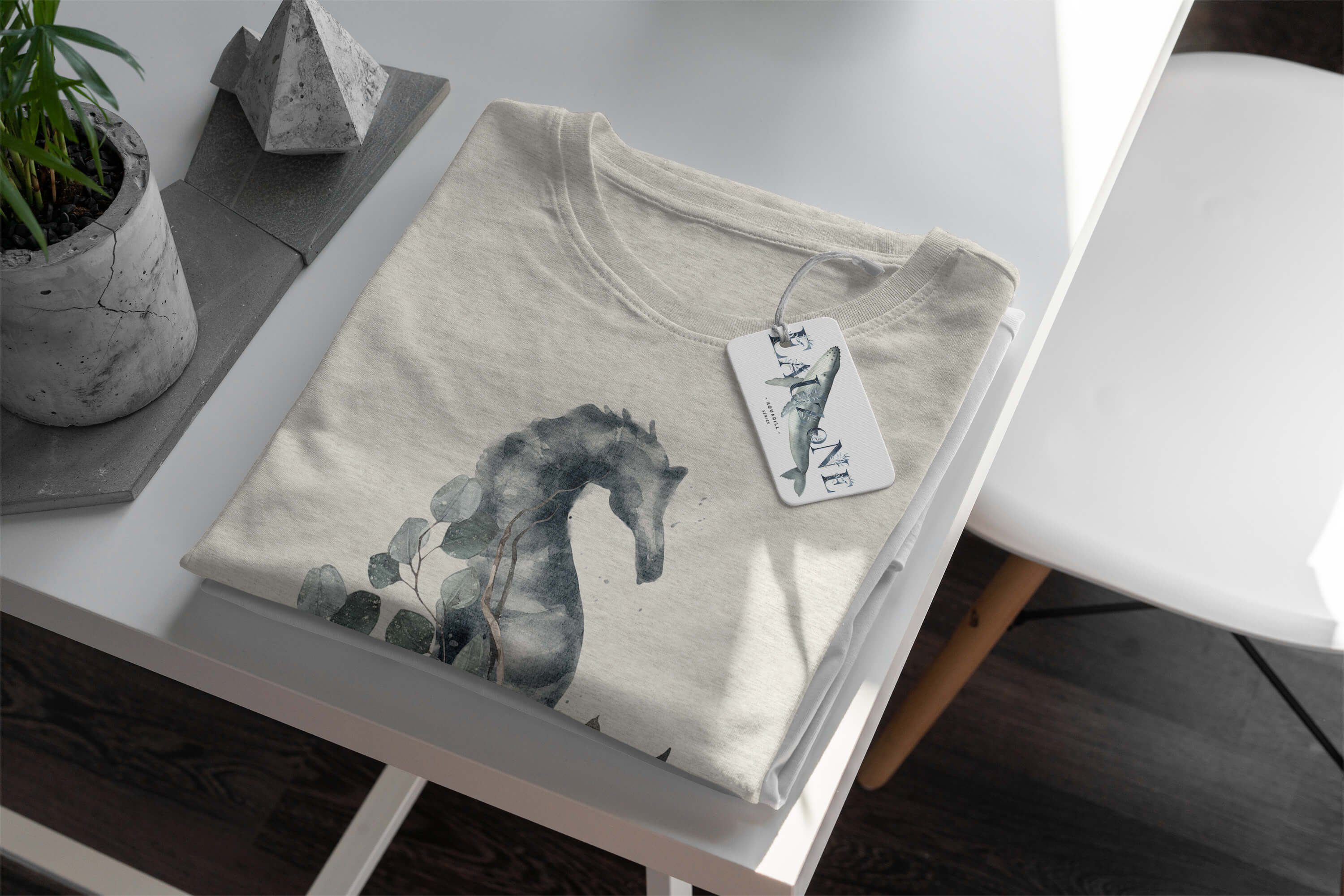 Ökomode Art Seepferdchen gekämmte (1-tlg) 100% Sinus Herren Shirt Wasserfarben Nachhaltig Bio-Baumwolle Motiv T-Shirt T-Shirt