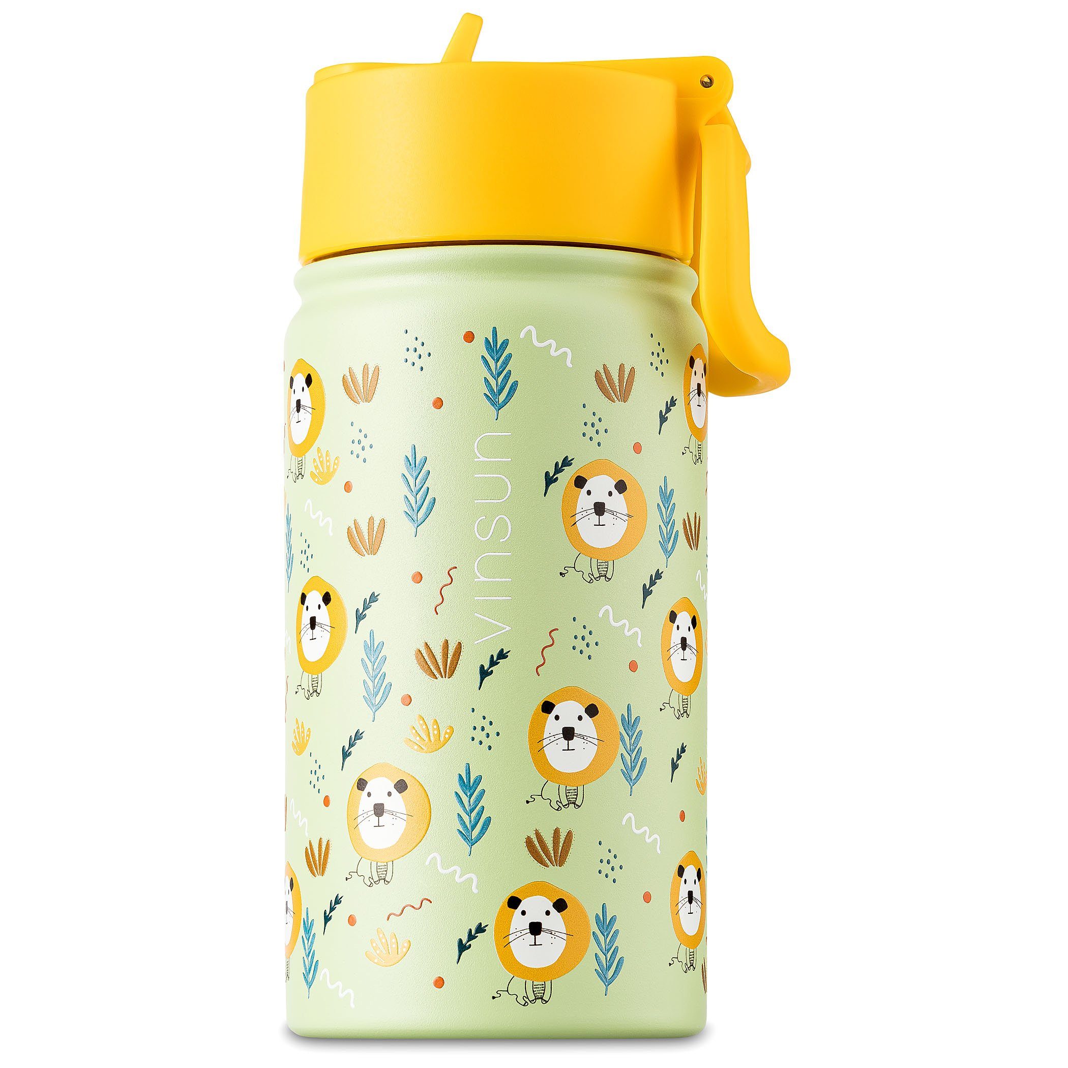 Vinsun Trinkflasche Trinkflasche Kinder 350ml - Auslaufsicher mit Strohhalm - Löwe, BPA frei, auslaufsicher, bruchsicher, Geruchs- und Geschmacksneutral