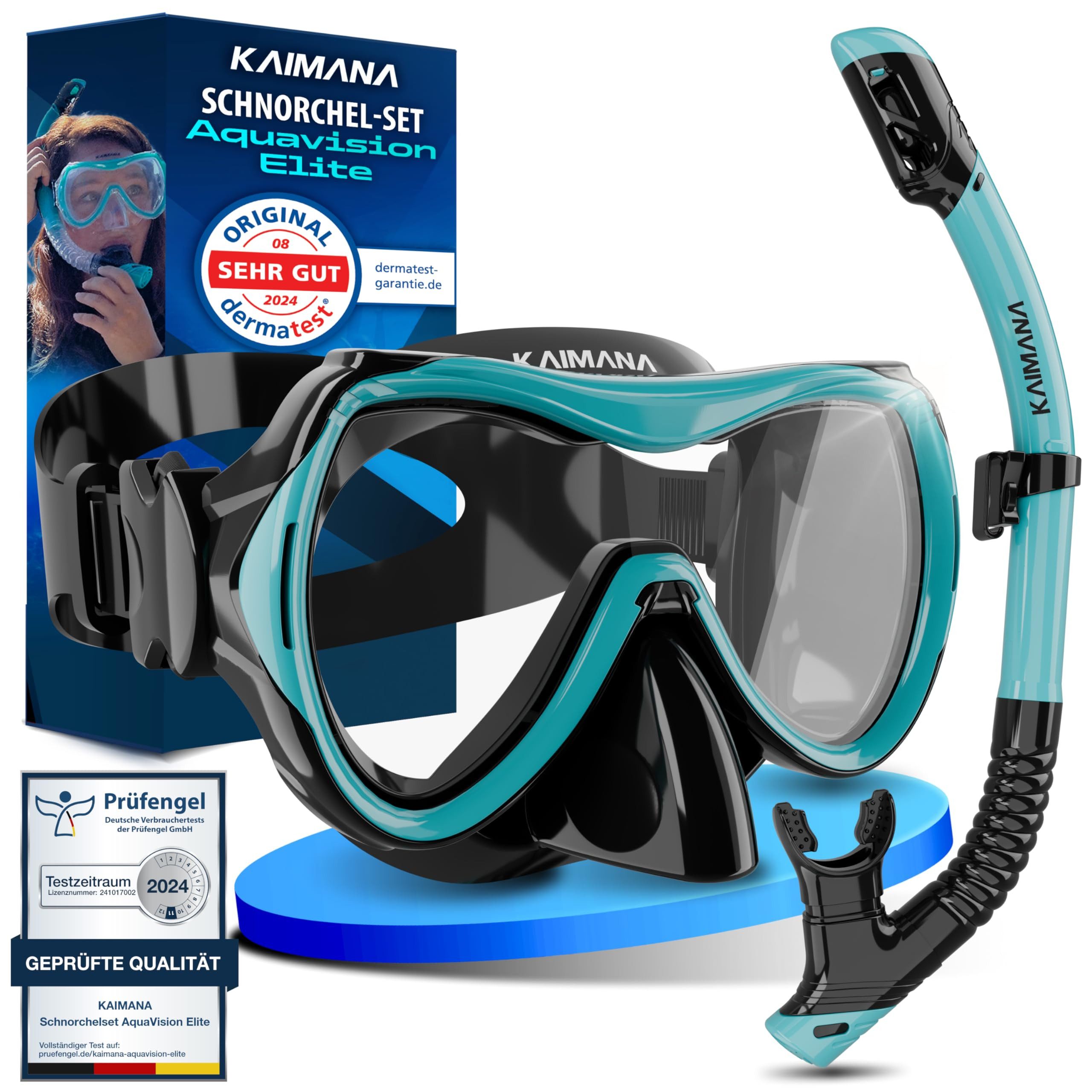 KAIMANA Tauchermaske AquaVision Elite Schnorchelset für Erwachsene inkl. Tragetasche, (Bequeme Taucherbrille Erwachsene, Alternative zur Schnorchelmaske), Taucherbrille mit Stoffband/Silikonstrap