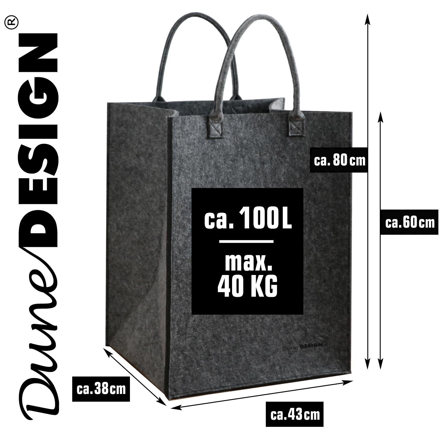 DuneDesign Wäschesack 100L XXL Wäschesammler Faltb.Wäschekorb 43x38x60cm Universal-Filz-Tasche St), (1 Filz