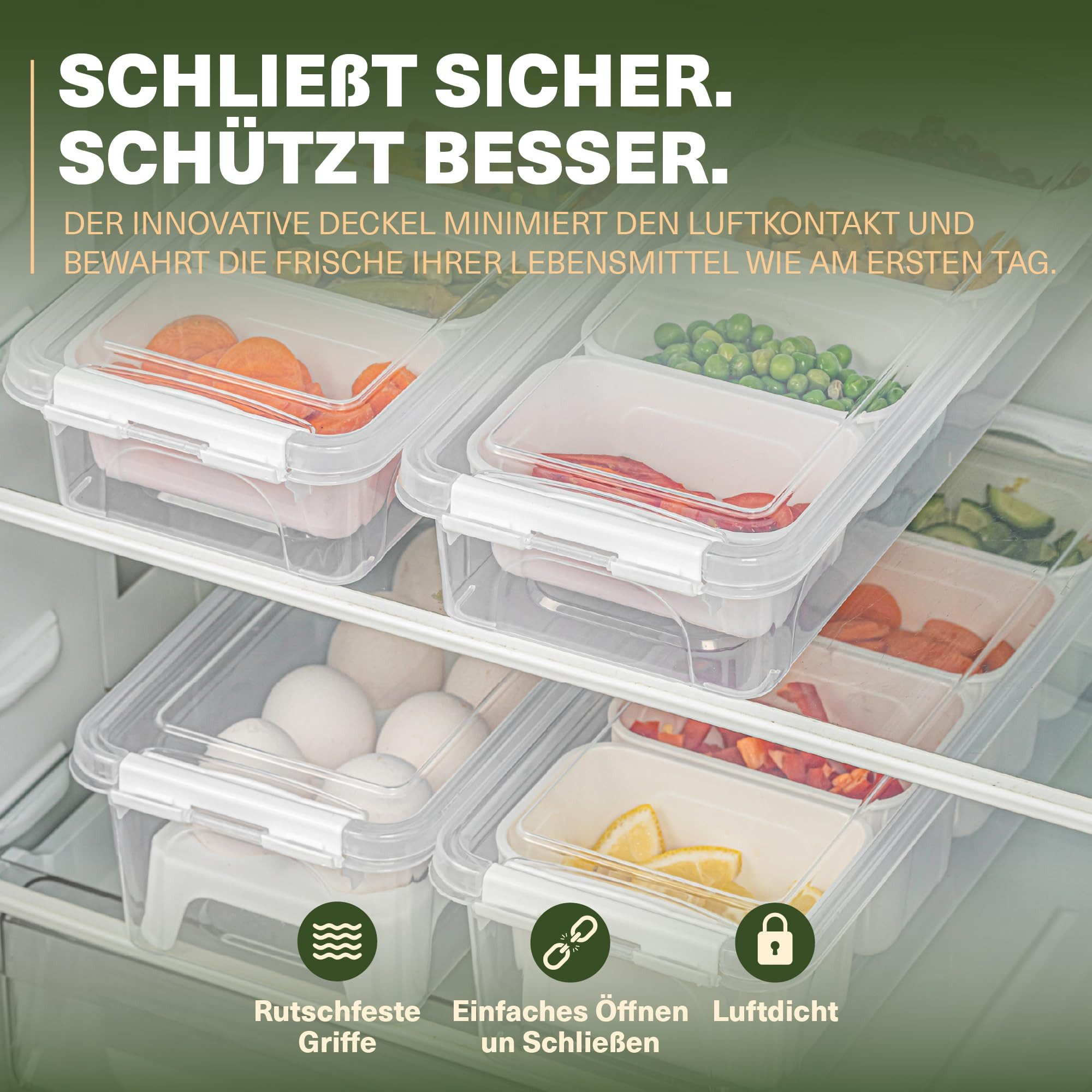 Viwares Küchenorganizer-Set Aufbewahrungsboxen 4er Set, mit variabler Trennung & Deckel, stapelbar, (Set, 4-tlg., mit Deckel & variabler Trennung), inkl. Eierfach ideal für Kühlschrank Gemüse, Obst & Küchenorganisation