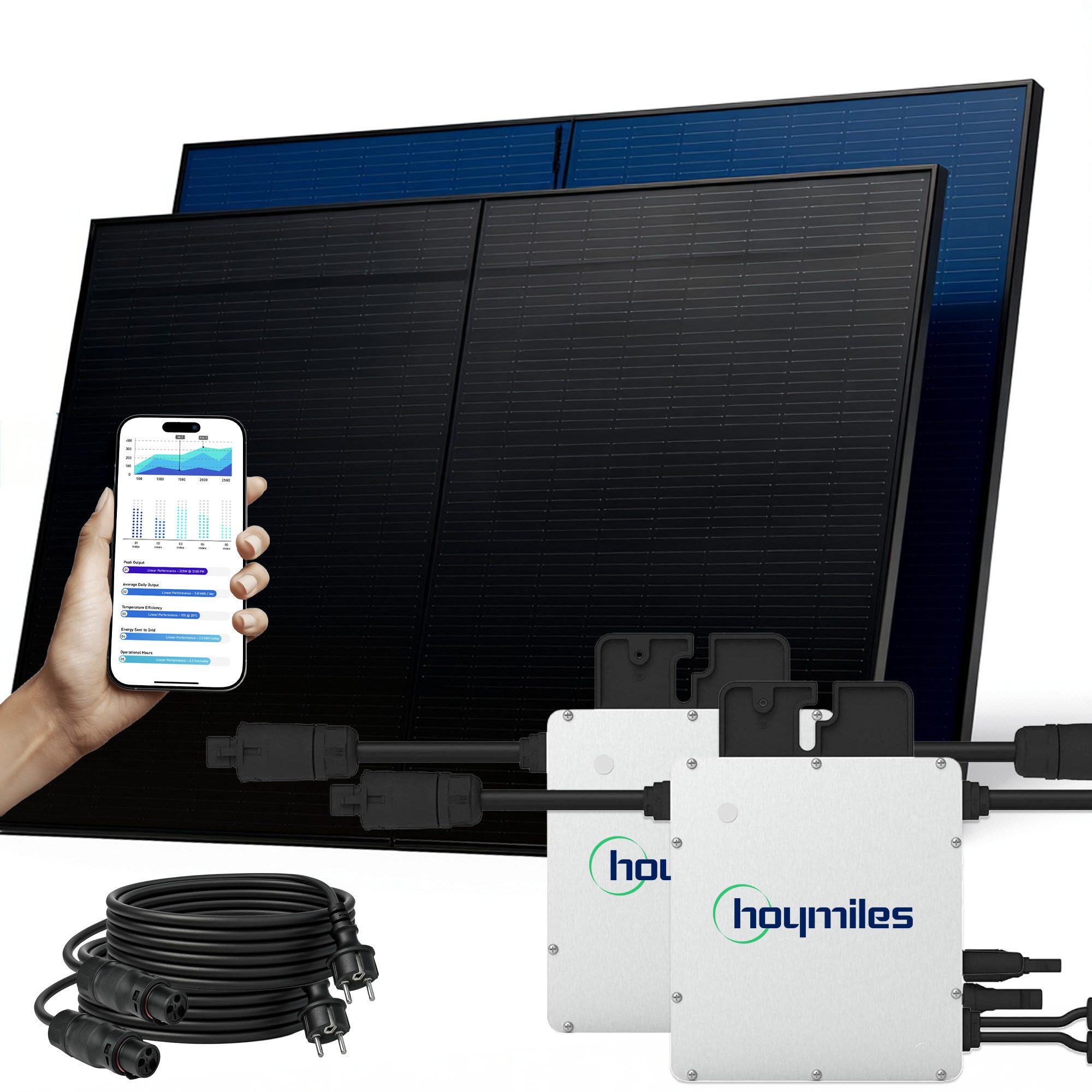 SUNNIVA Balkonkraftwerk 1000W BIFAZIAL FULLBLACK komplett Steckdose, (HOYMILES 2x 400 Watt Wechselrichter, PV Solaranlage Komplettset, 2x 500W N-Type Glas-Glas Bifacial Solarmodule, 2x 5m Kabel)