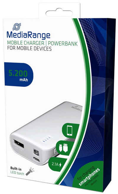 Mediarange Powerbank Ladestation 5200 mAh Ladegerät USB OUT weiß Powerbank