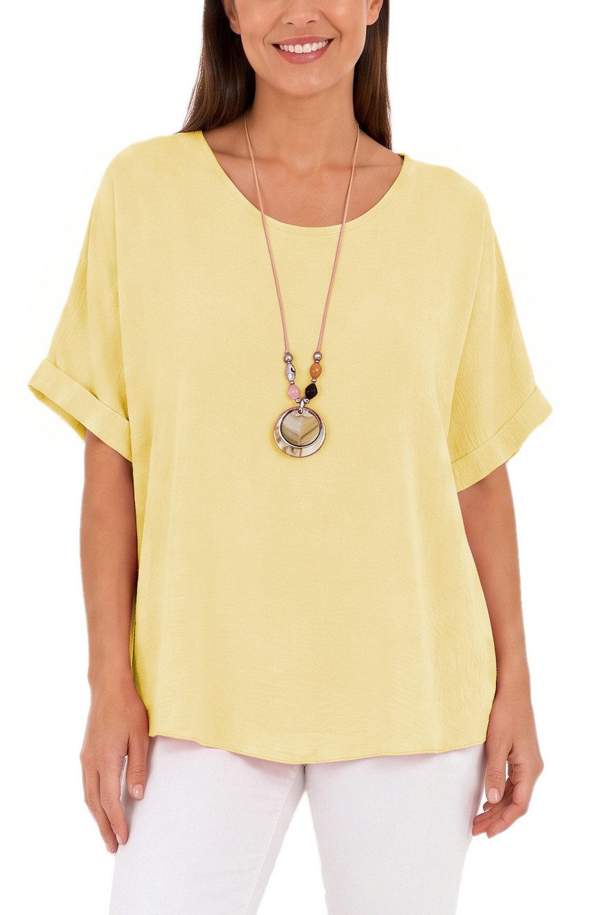 dy_mode Kurzarmbluse Kurzarmbluse Damen Blusenshirt Oberteil Oversize Tunika in Unifarbe, mit Statementkette