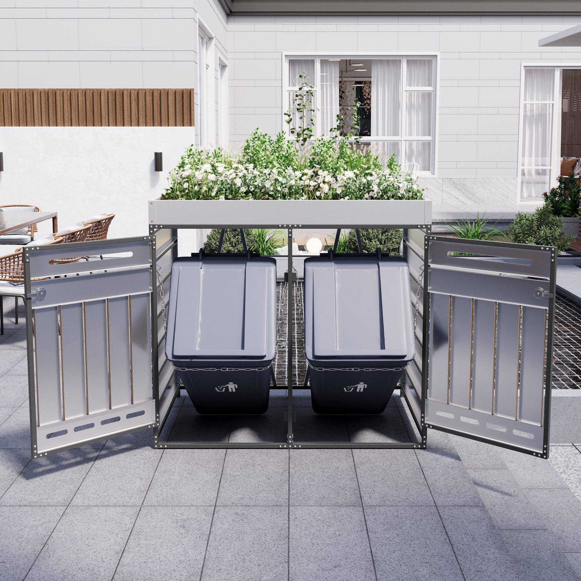 Merax Mülltonnenbox Abschließbar mit Pflanzkasten & vertikaler Holzmaserung für 2 Tonnen (Wetterfester Garten Aufbewahrungsschrank für Außenbereich, 1 St), 2 Fächer Mülltonnenverkleidung mit Belüftungsschlitzen, Metall