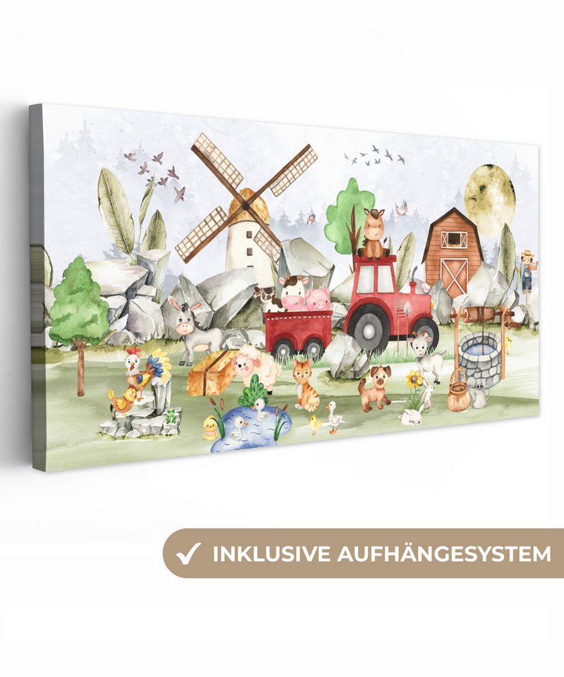 OneMillionCanvasses® Leinwandbild Panorama Bauernhof - Traktor - Kinder - Tiere, Fotodruck (1 St), Wandbild, Deko Schlafzimmer Wohnzimmer Flur 40x20 cm