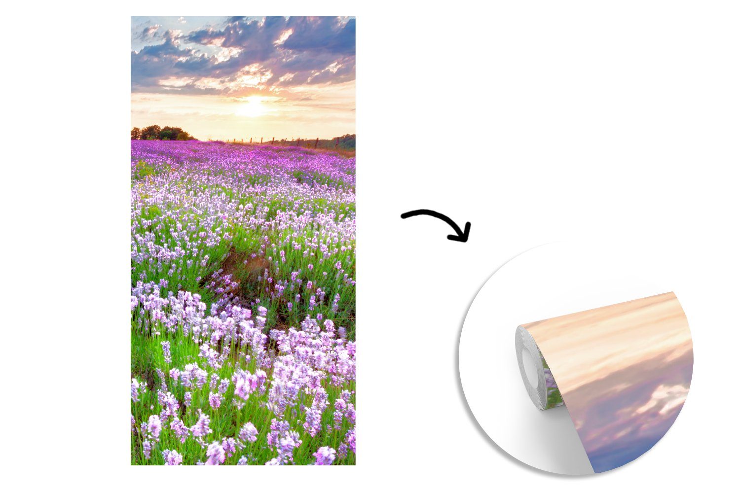 Sonnenuntergang Lavendel Wohnzimmer - für Lila Schlafzimmer - Blumen - - (2 - Matt, - Küche, Natur, MuchoWow Fototapete bedruckt, Vliestapete St), Himmel Fototapete Wiese