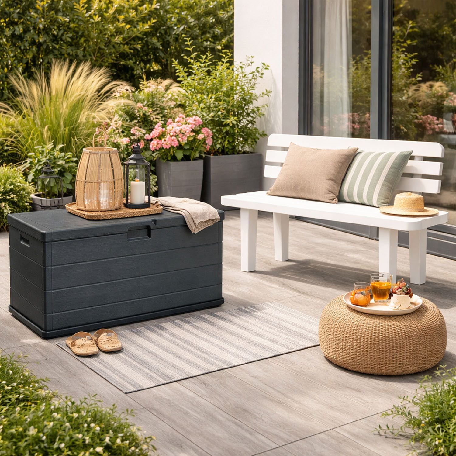 Mojawo Auflagenbox XL Auflagenbox Sitzbank 2 Personen Kunststoff Anthrazit 340L