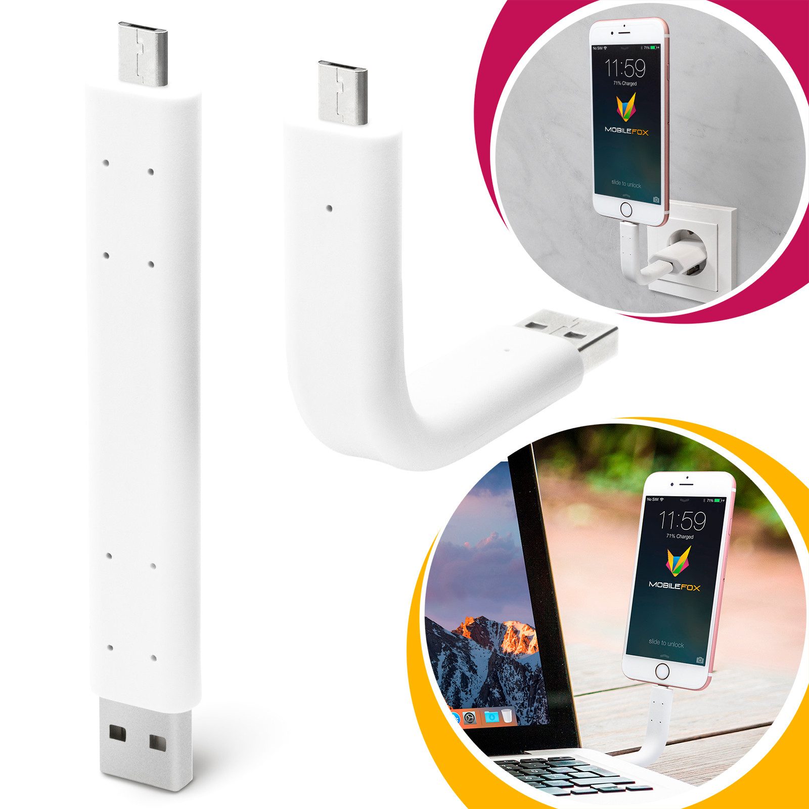 Mobilefox Universal Micro USB Biegbar Handy Lade Daten Kabel Halter Weiß Smartphone-Kabel