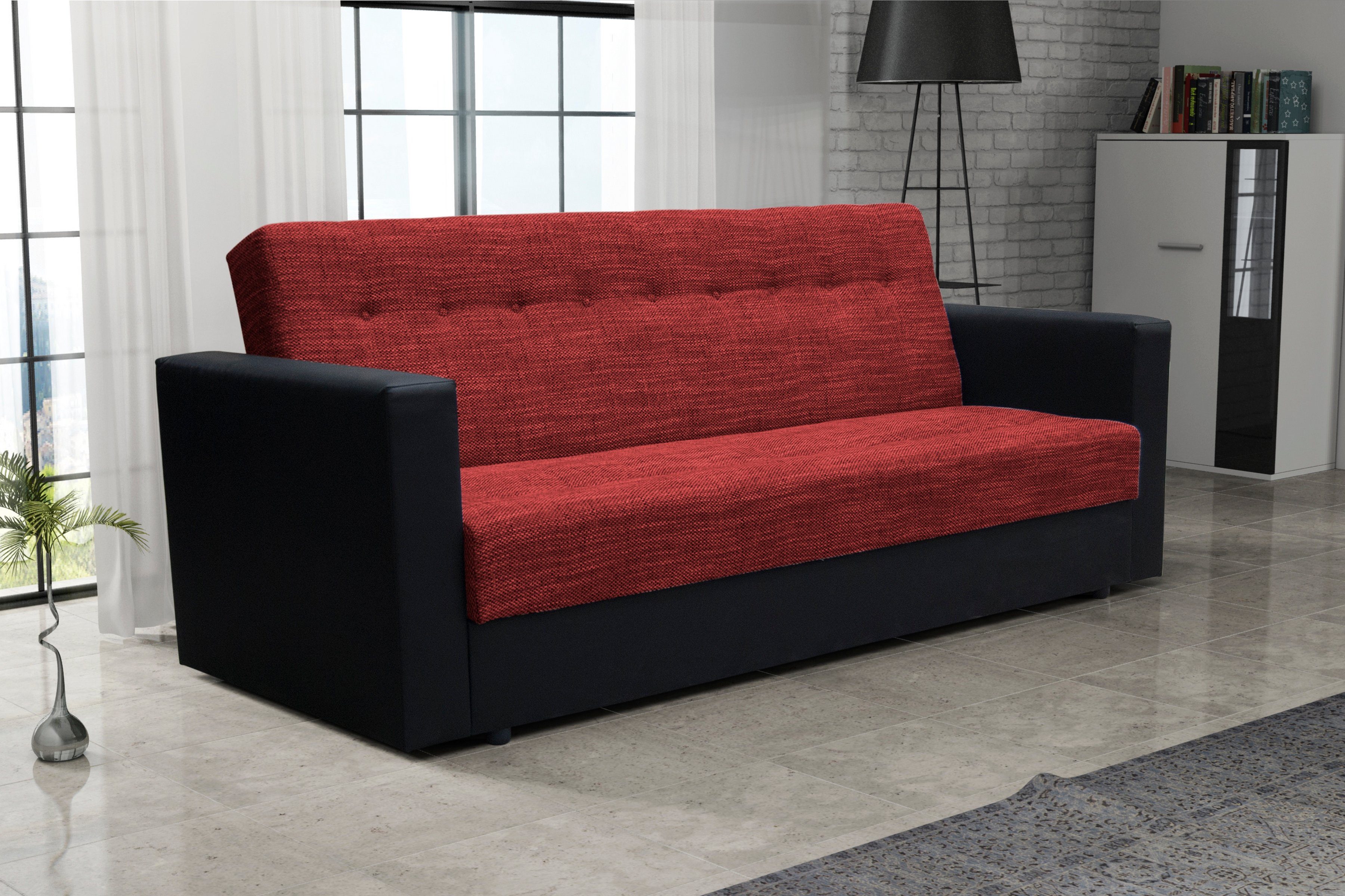 Schlaffunktion mit Rot+Schwarz PLUS Sofa und 210cm WIND Schlafsofa, COUCH pressiode Bettkasten