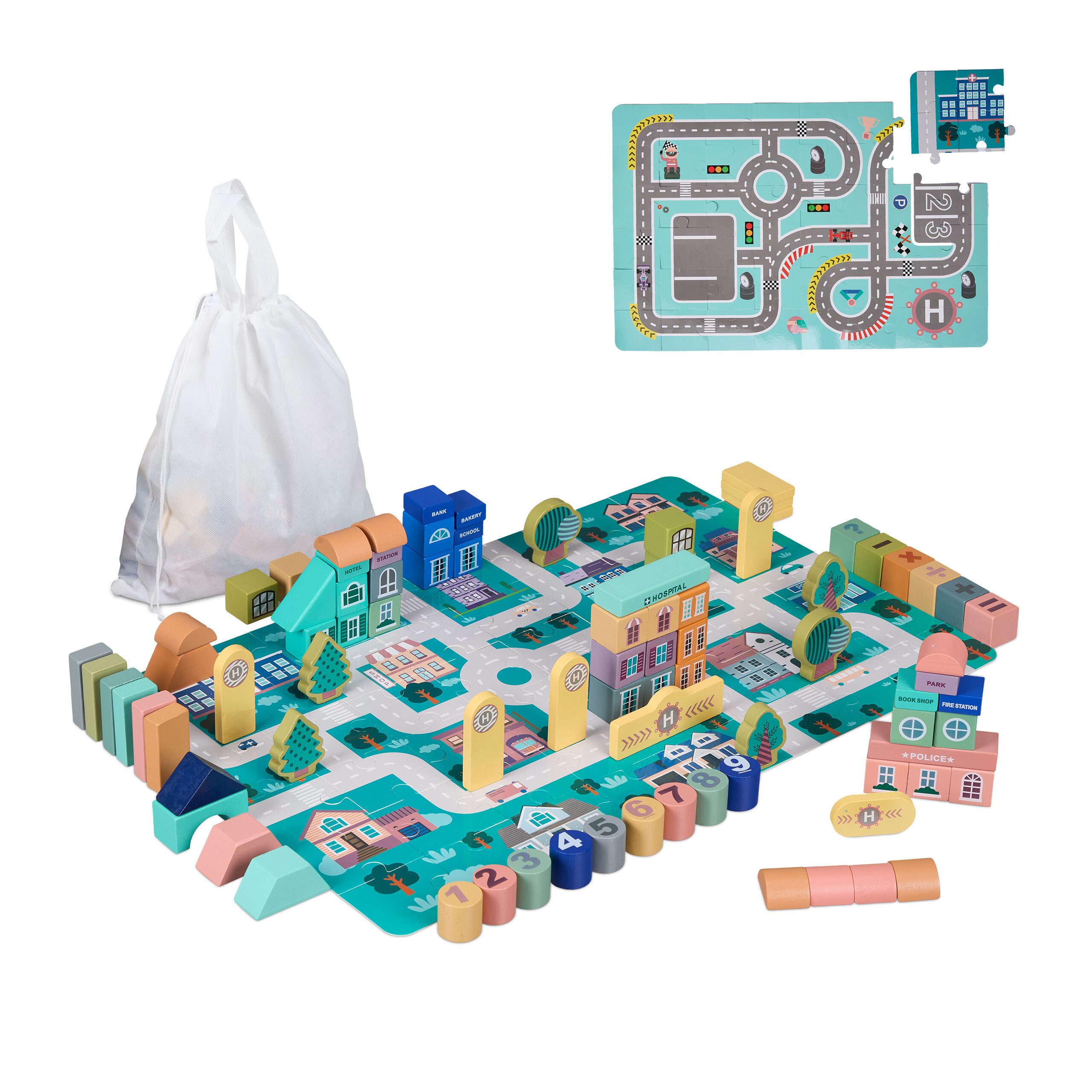 relaxdays Holzbausteine Stadt im Set Spielbausteine, A