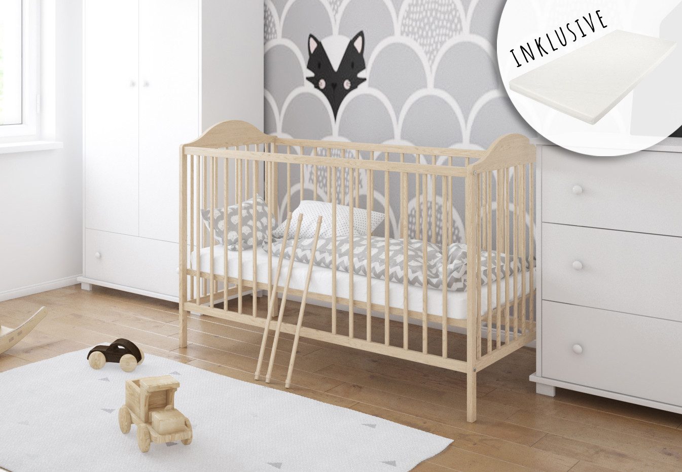 Babybett Gitterbett 60x120 höhenverstellbar, herausnehmbare Sprossen