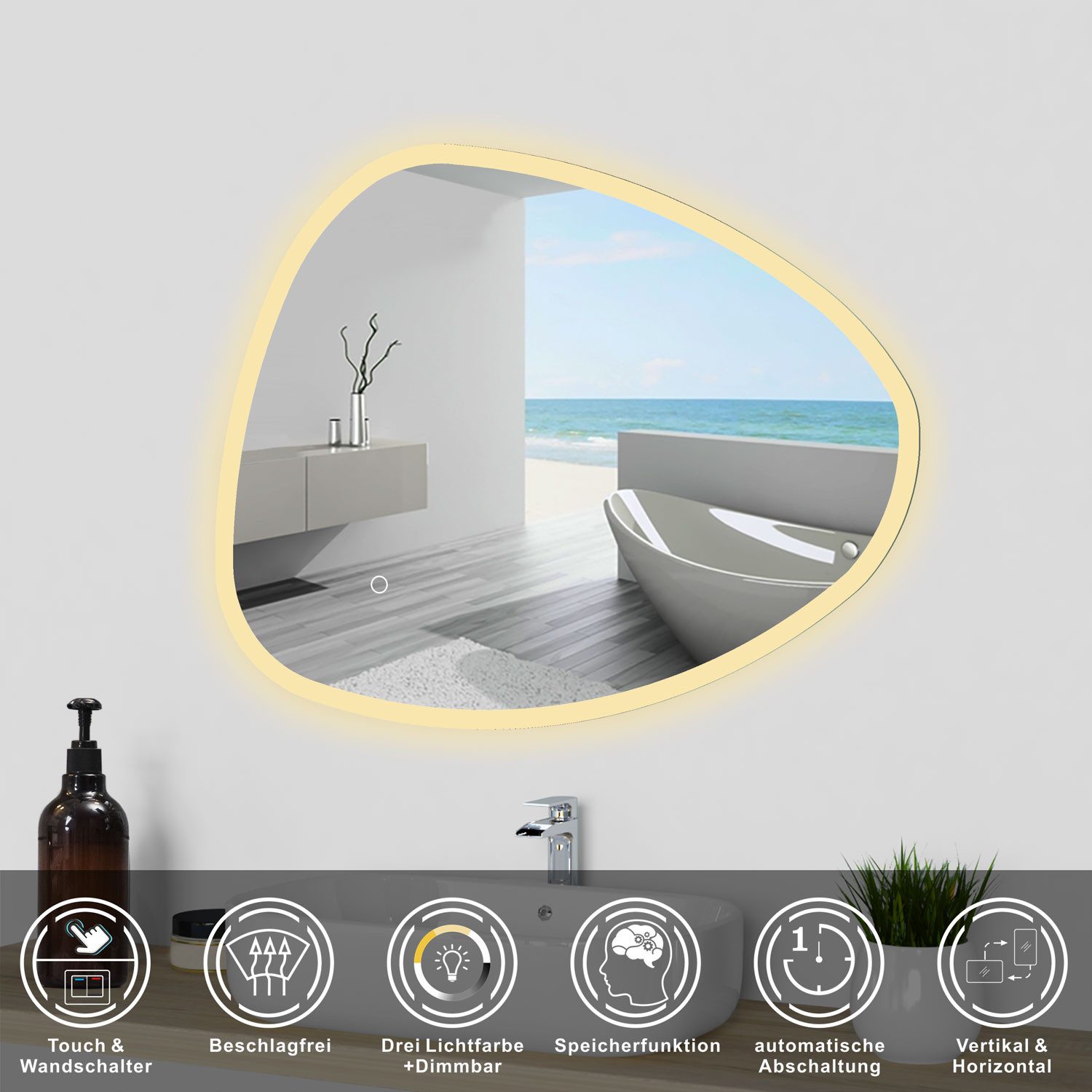 duschspa Badspiegel Spiegel mit LED Beleuchtung dimmbar 40-120cm, Touch oder Wandschalter