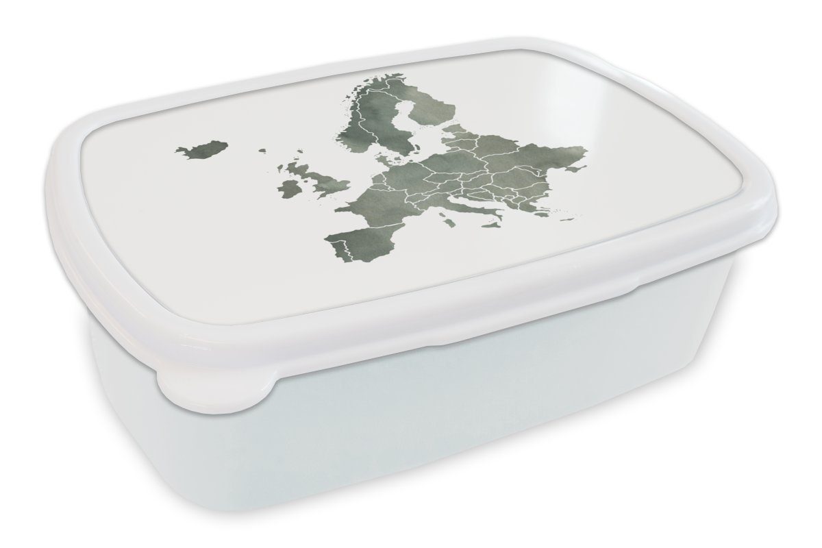 MuchoWow Lunchbox Karte von Europa - Aquarell - Grau, Kunststoff, (2-tlg), Brotbox für Kinder und Erwachsene, Brotdose, für Jungs und Mädchen weiß