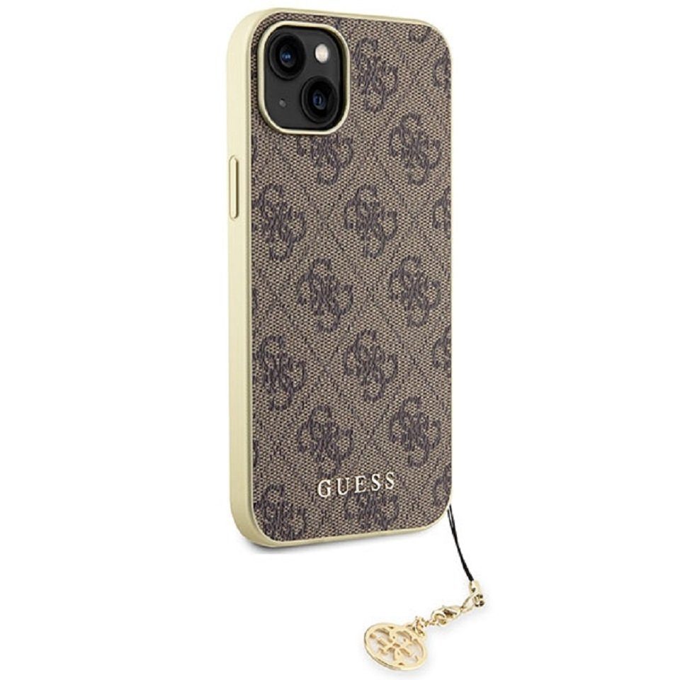 Guess Handyhülle Case iPhone 16 Kunstleder braun mit Kette goldfarbig 6,1 Zoll, Kantenschutz