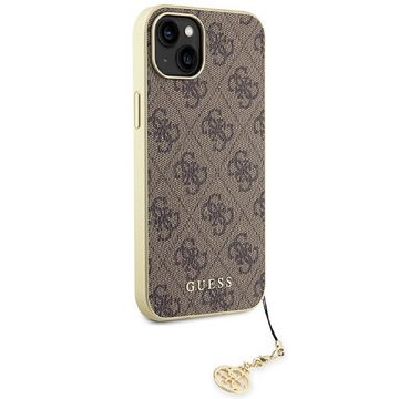 Guess Handyhülle Case iPhone 15 Kunstleder braun mit Kette goldfarbig 6,1 Zoll, Kantenschutz