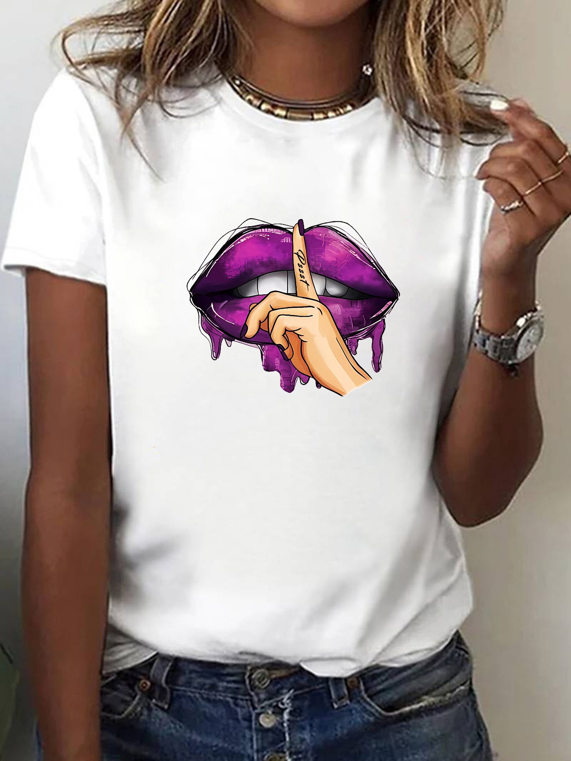 RMK T-Shirt Damen Shirt Top Sommer Basic Mund dicke Lippe Lips Psst