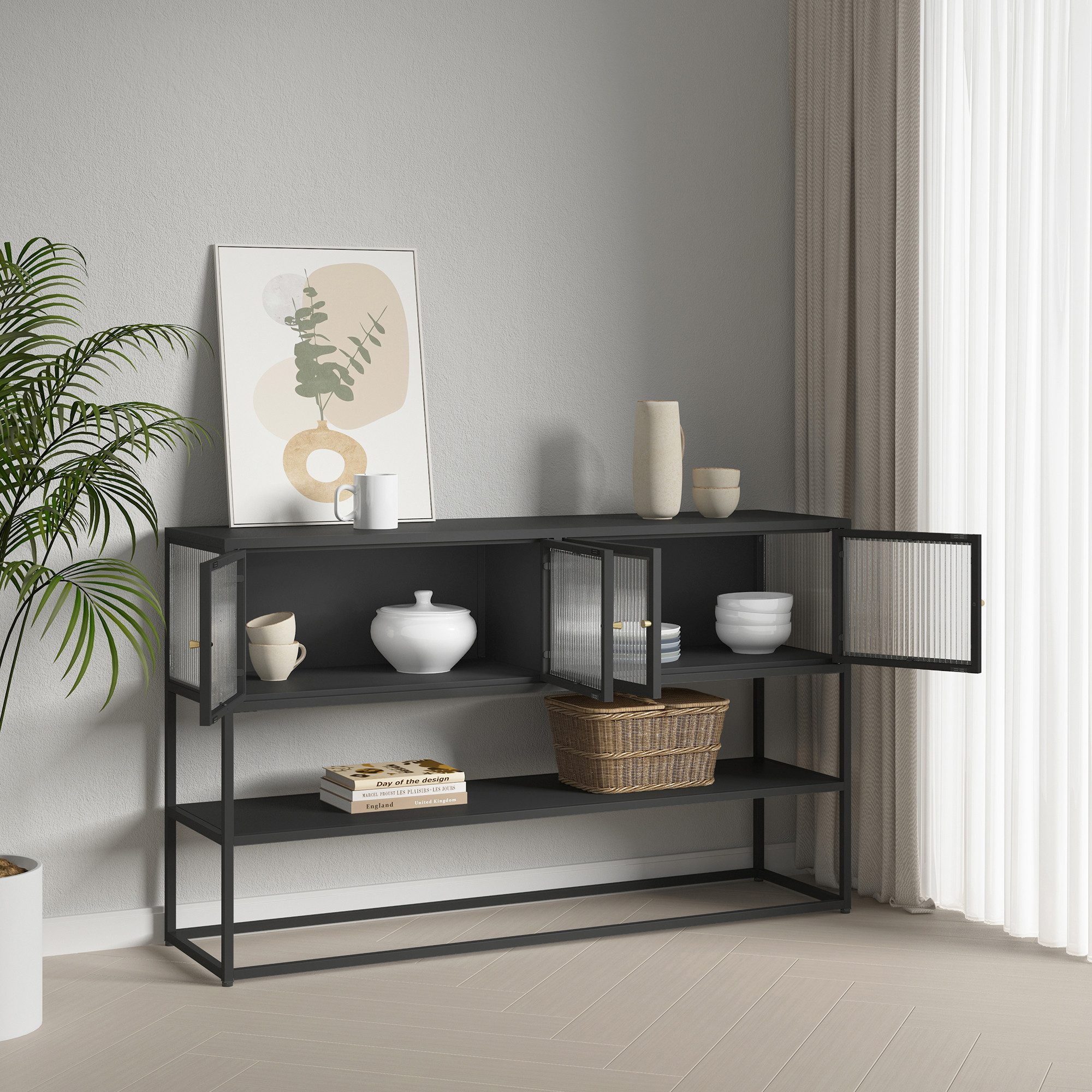 en.casa Vitrine »Säkylä« 4 Glastüren 2 Fächer 1 Ablage 150x38x90 cm Schwarz