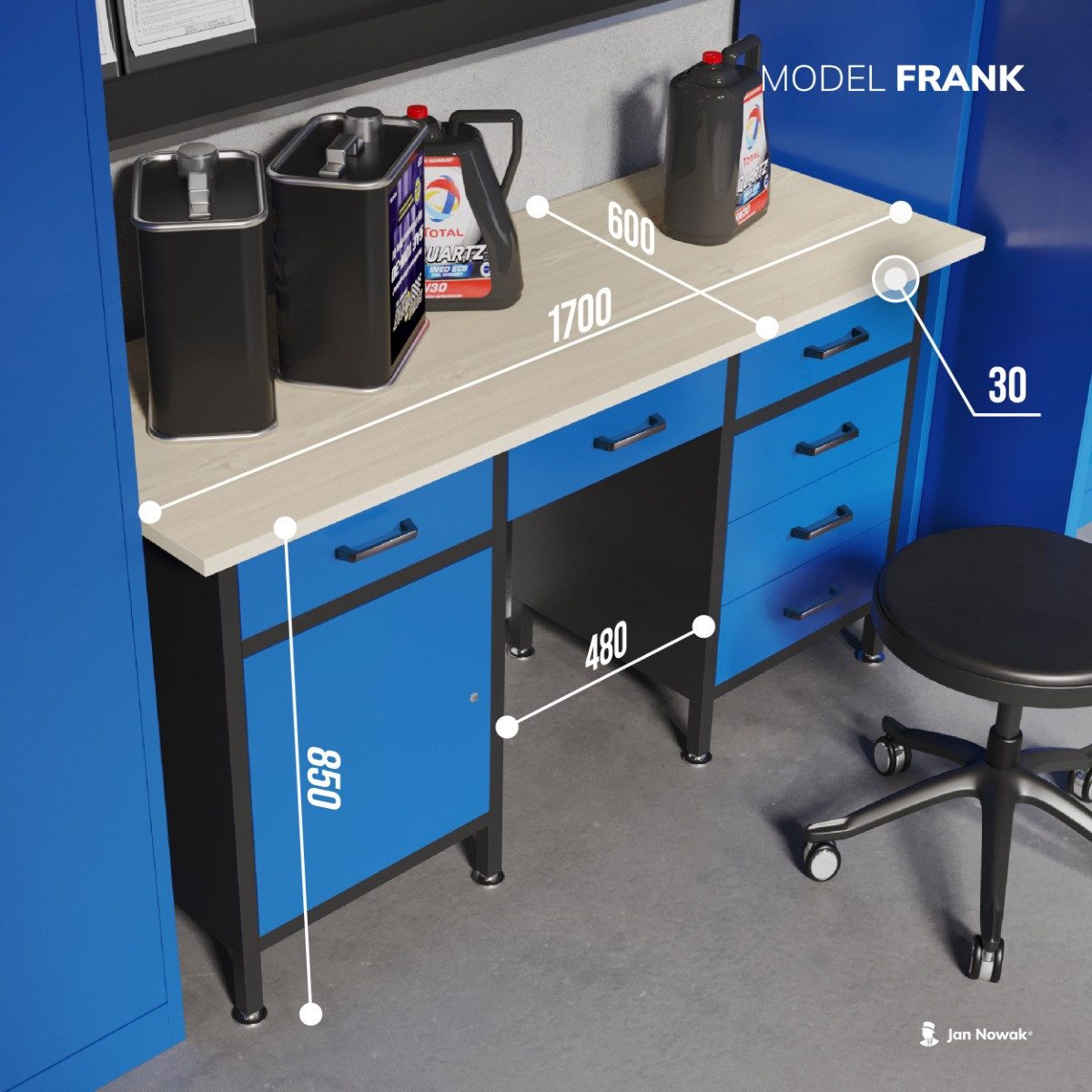 Jan Nowak Werkbank Werkstatttisch 170 cm FRANK 6 Schubladen Schrank laminierte Platte, (Stahl 0,8-1,0 mm 85 x 170 x 60 cm verstellbare Füße Sitzlücke), Werktisch Stahl abschließbar 570 kg robust 3 Farben verstellbar