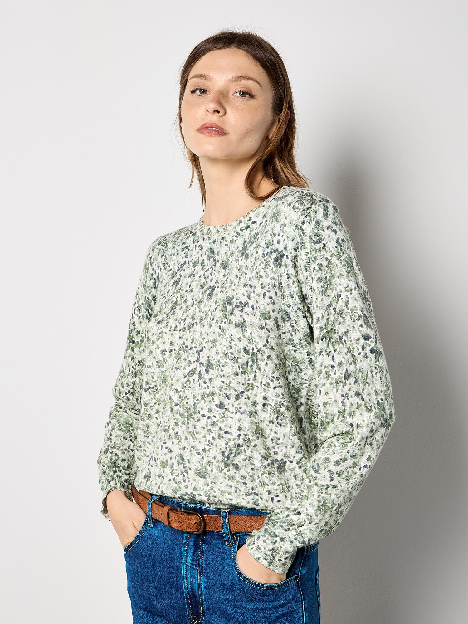 Apricot Langarmshirt Feinstrickpullover mit Blumenmuster