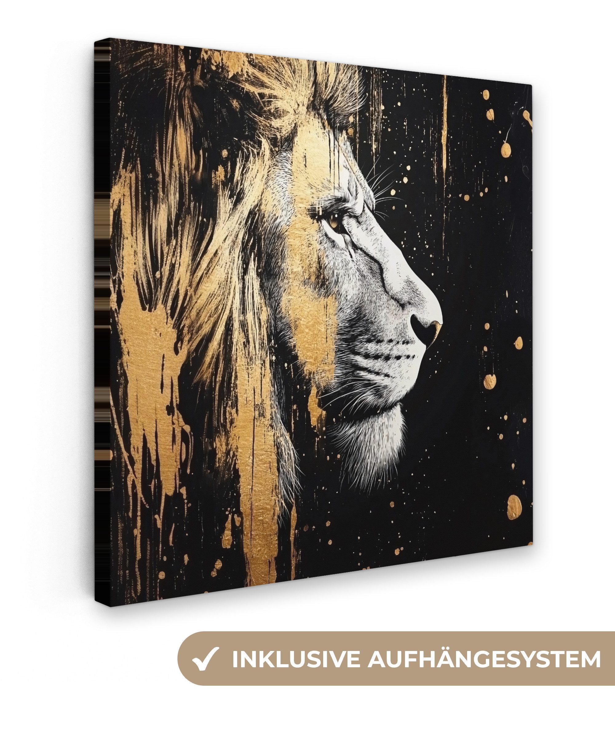 OneMillionCanvasses® Leinwandbild Porträt - Löwe - Abstrakt - Gold, Fotodruck (1 St), Wandbild, Deko Schlafzimmer Wohnzimmer Flur 20x20 cm