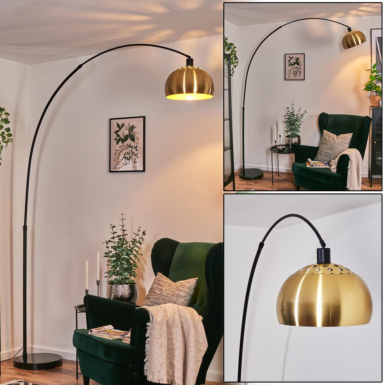 hofstein Bogenlampe Stehlampe aus Metall in Schwarz/Messing gebürstet/Gold im Retro-Design, verstellbare Stehleuchte mit Marmorfuß, Lichteffekt, Fußschalter, E27