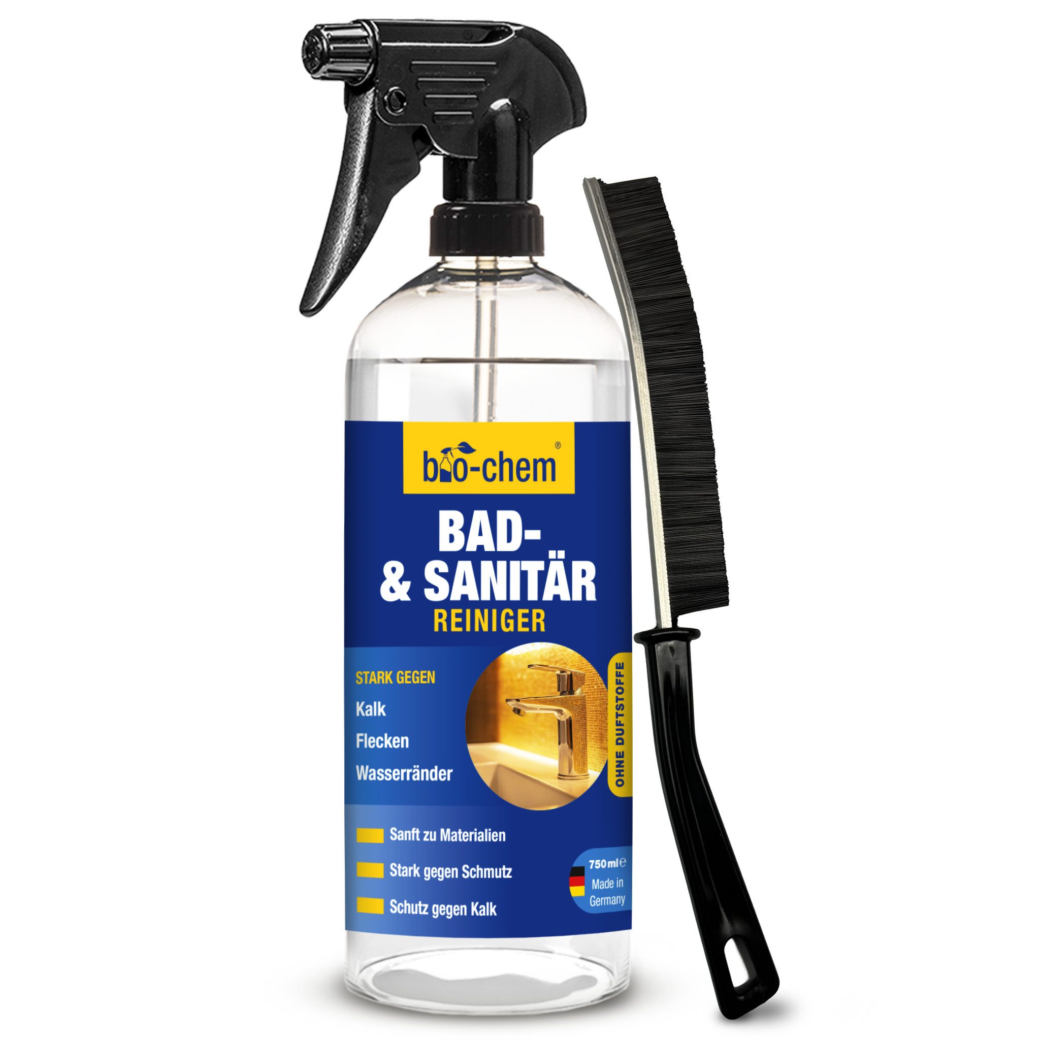 bio-chem Badreiniger 750ML – Kalkentferner für Bad, Dusche, Armaturen uvm Badreiniger (Effektiver Kalkentferner mit Lotuseffekt)