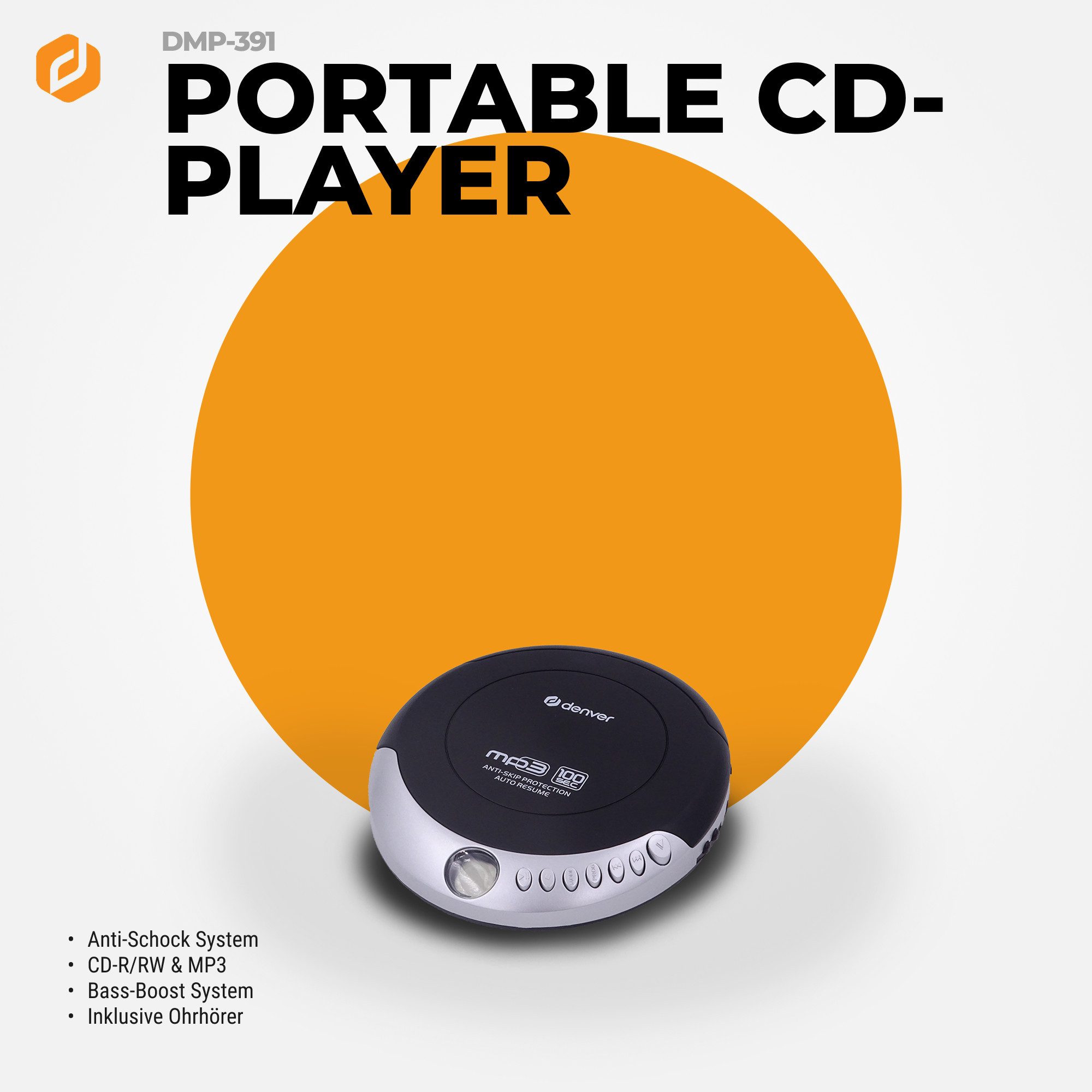 Denver DMP-391 CD-Player (Antishock, Autoresume, Bass Boost, Programmierfunktion, Ohrhörer inkl., Antishock, Autoresume, Bass Boost, Programmierfunktion, Ohrhörer inkl)