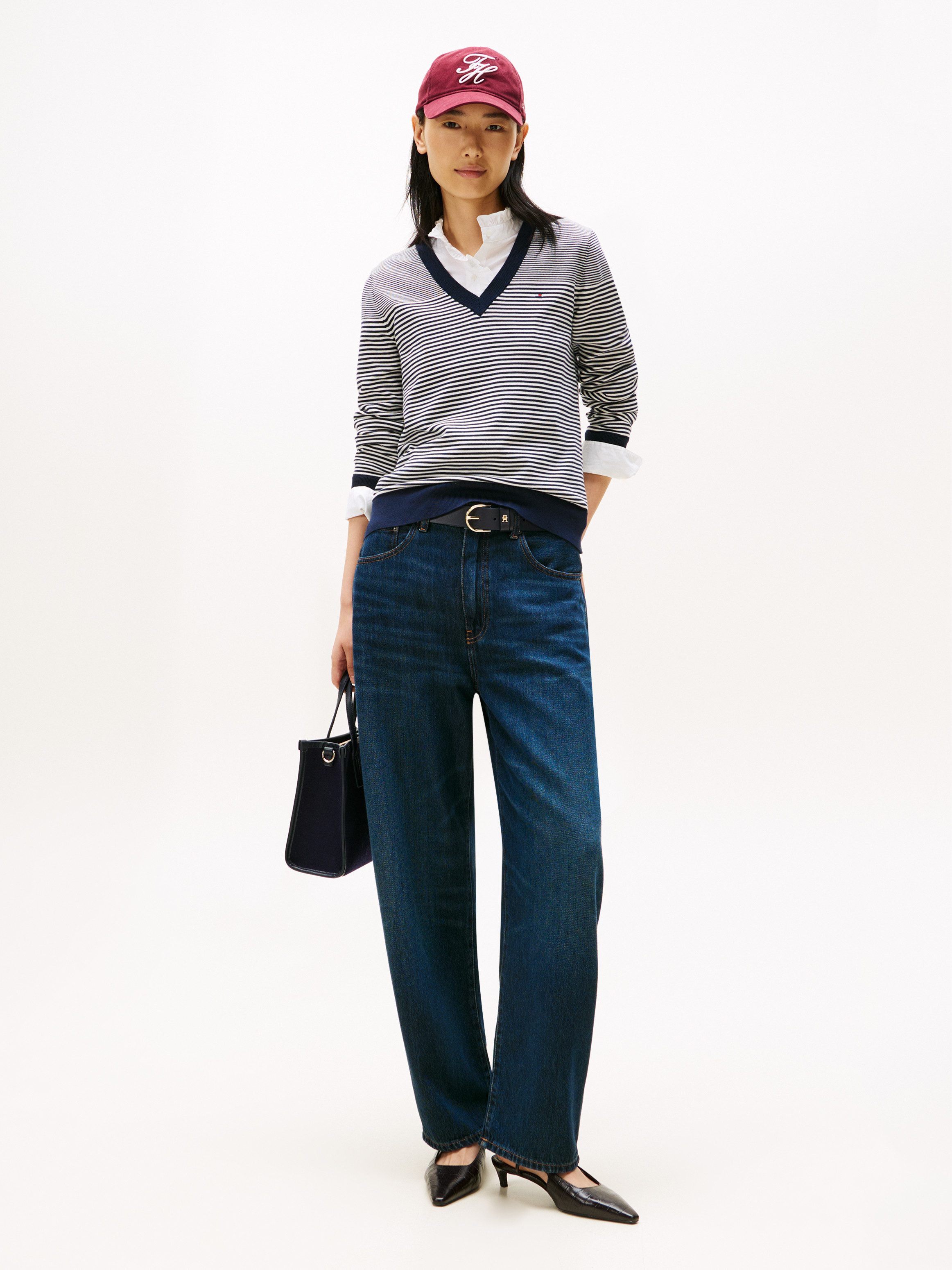 Tommy Hilfiger V-Ausschnitt-Pullover CO JERSEY STITCH V-NK SWEATER mit V-Ausschnitt und Ripp Baumwollmischung