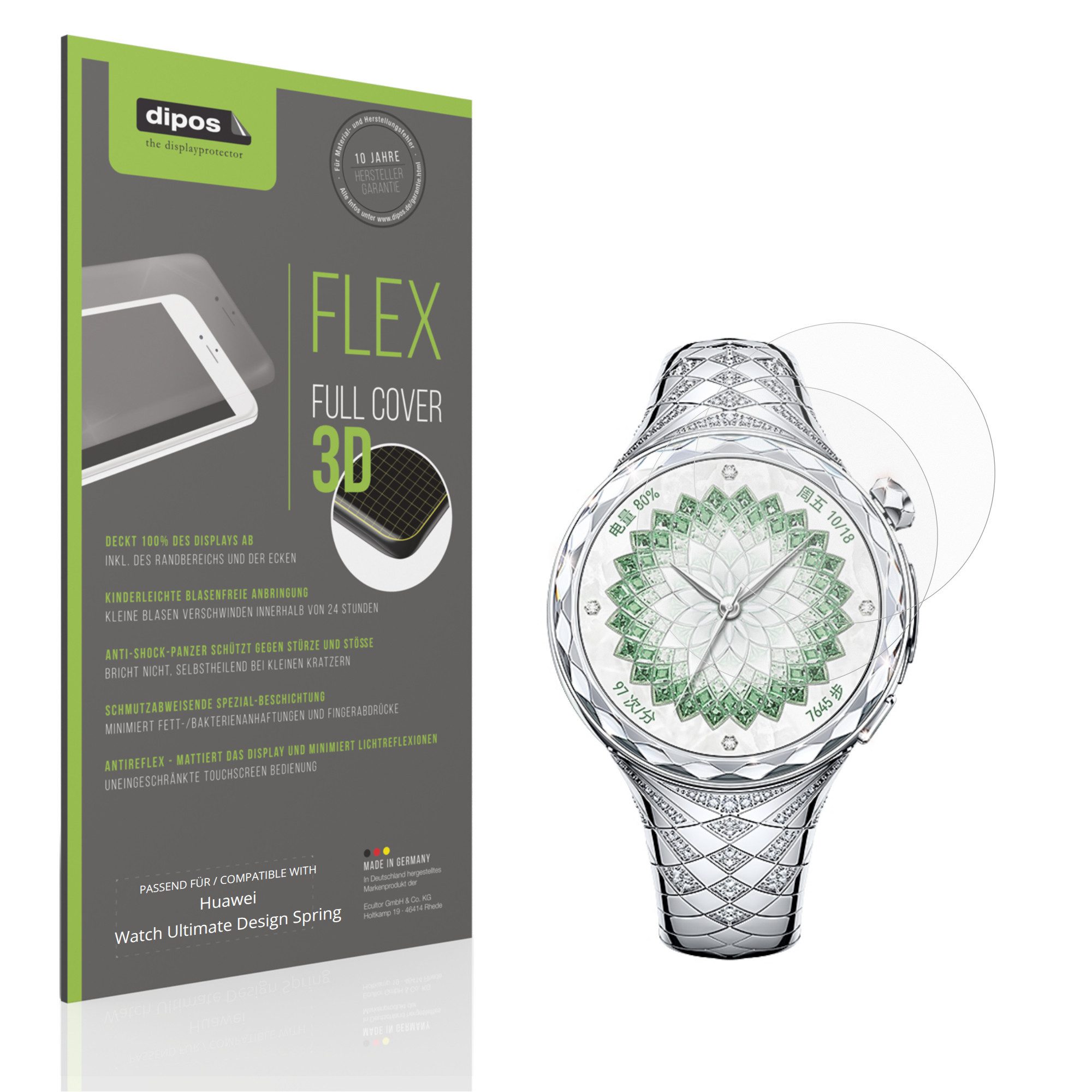 dipos Displayschutzfolie Schutzfolie für Huawei Watch Ultimate Design Spring, 2 Stück, Displayschutz Schutz Folie Made in Germany