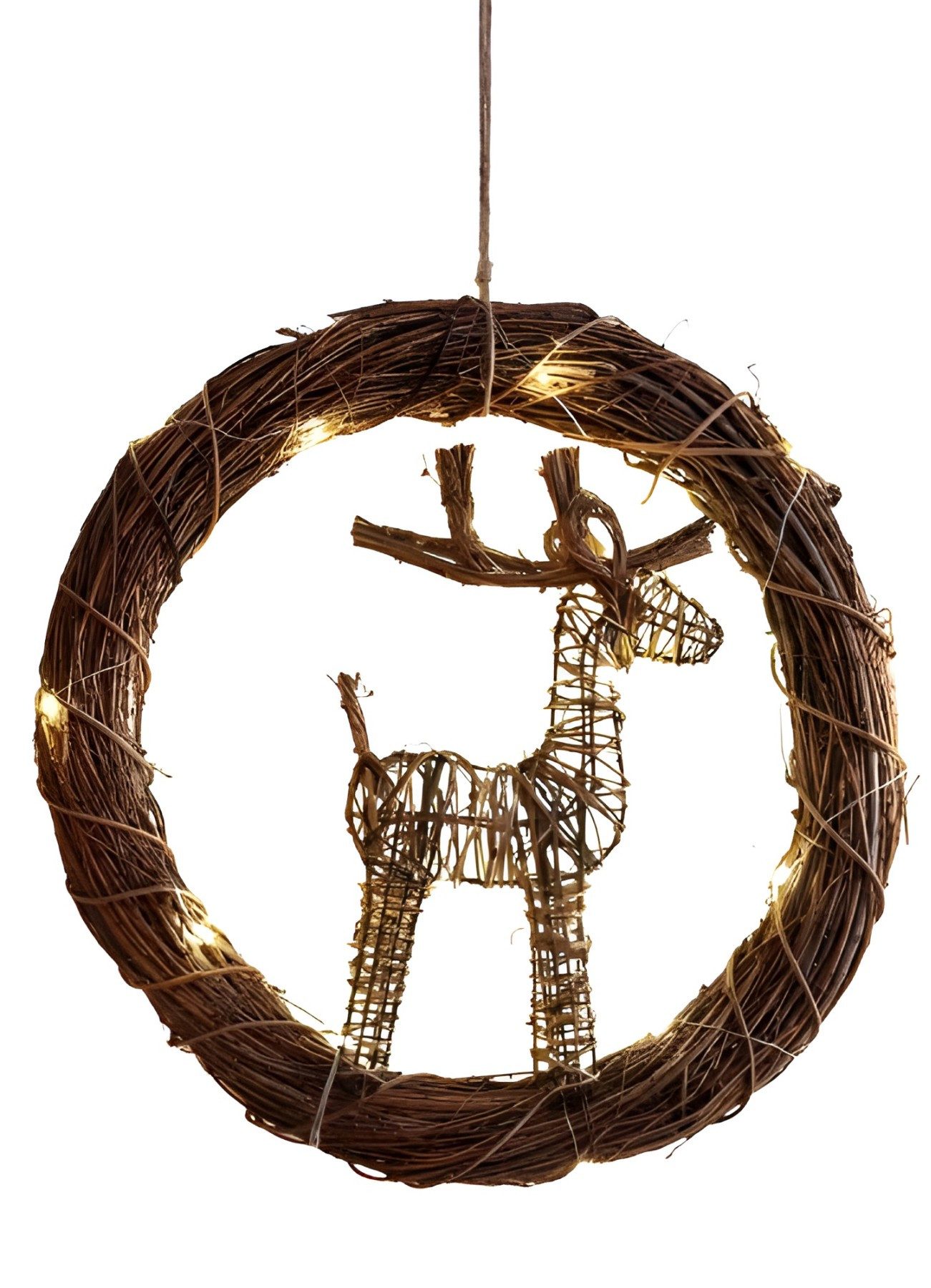 Dekoleidenschaft Dekokranz "Rentier" aus Zweigen mit LED Beleuchtung groß Ø 44cm, Natur Wandkranz, Weihnachtsdeko, Weihnachts Türkranz zum Aufhängen, Naturkranz