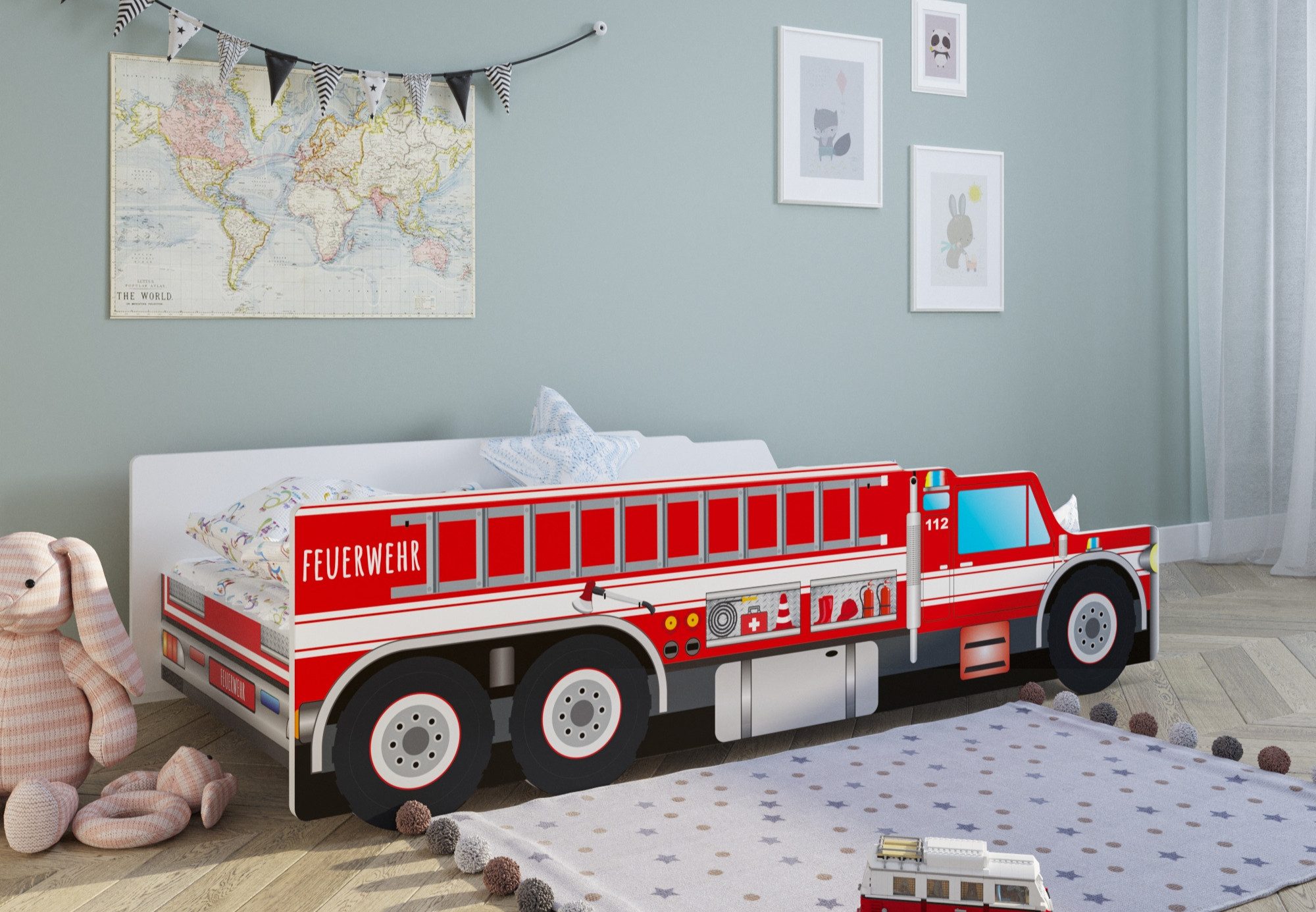 Kids Collective Autobett Kinderbett Jugendbett 70x140, 80x160 cm mit Rausfallschutz Feuerwehr, Feuerwehrauto Feuerwehrmann Kinderspielbett 70x140 cm