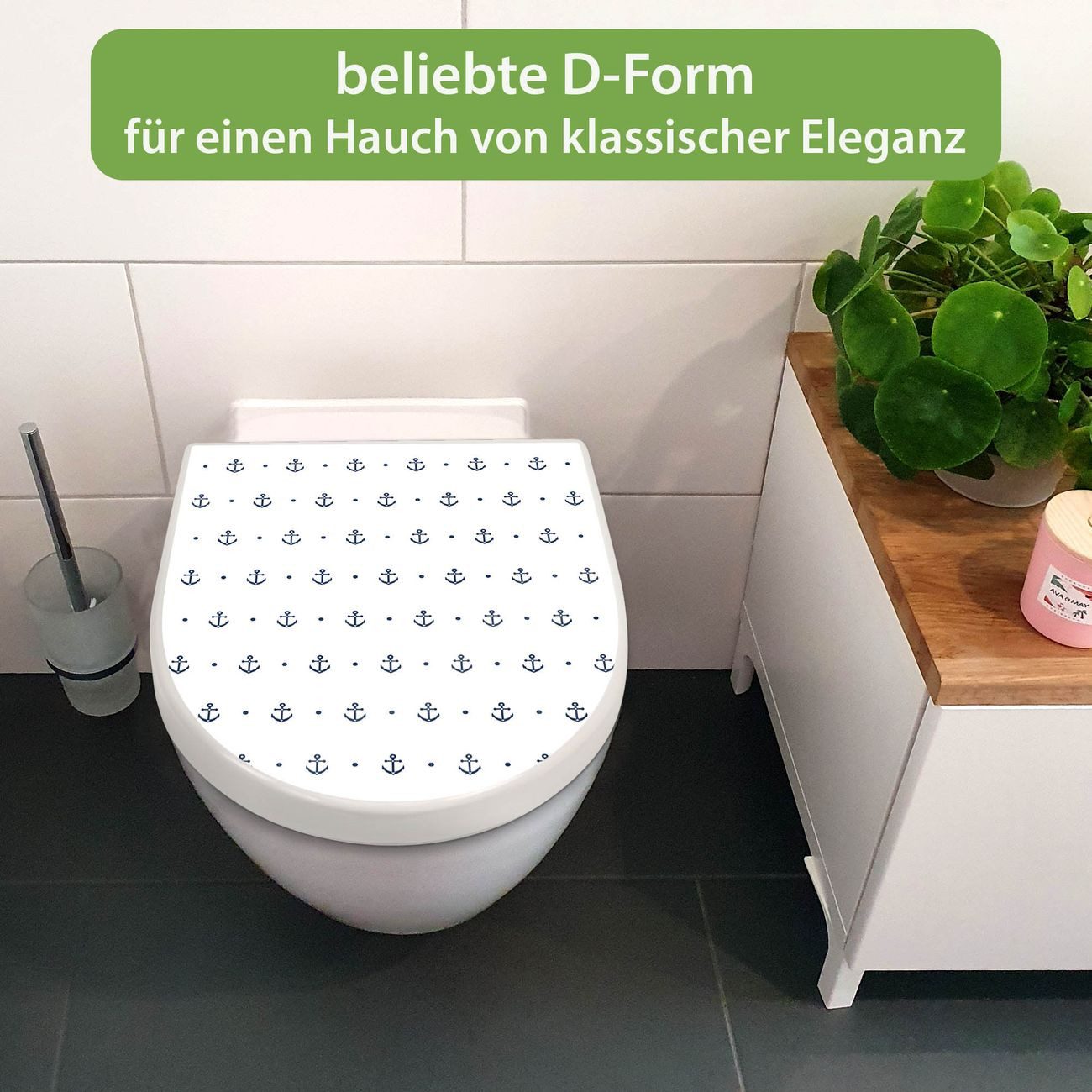 banjado WC-Sitz Premium D-Form mit Absenkautomatik Motiv Kleine Anker (umweltfreundliches Material, Softclose Absenkautomatik), 45 x 36,4 x 4
