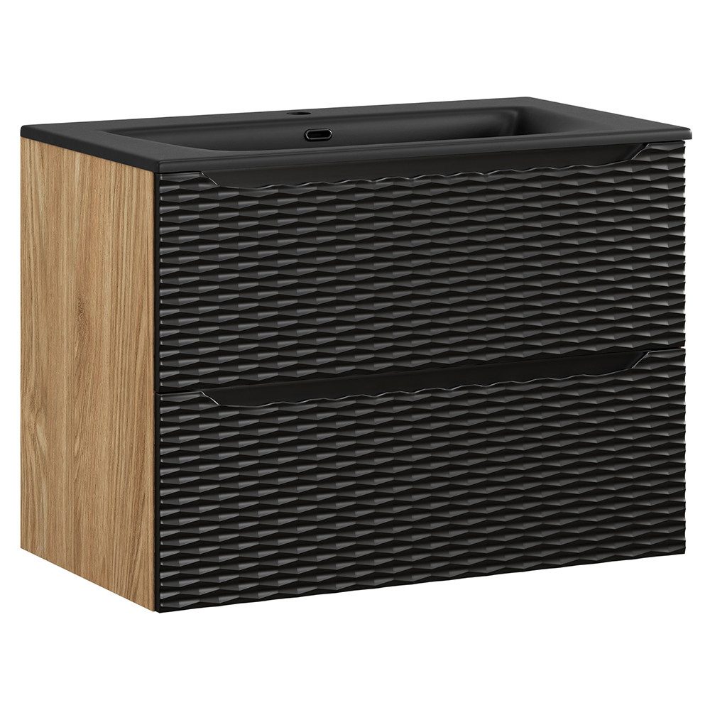 Lomadox Waschtisch OLUO-56-BLACK, 80cm mit Keramikwaschbecken, Eiche mit schwarz, 3D-Oberfläche