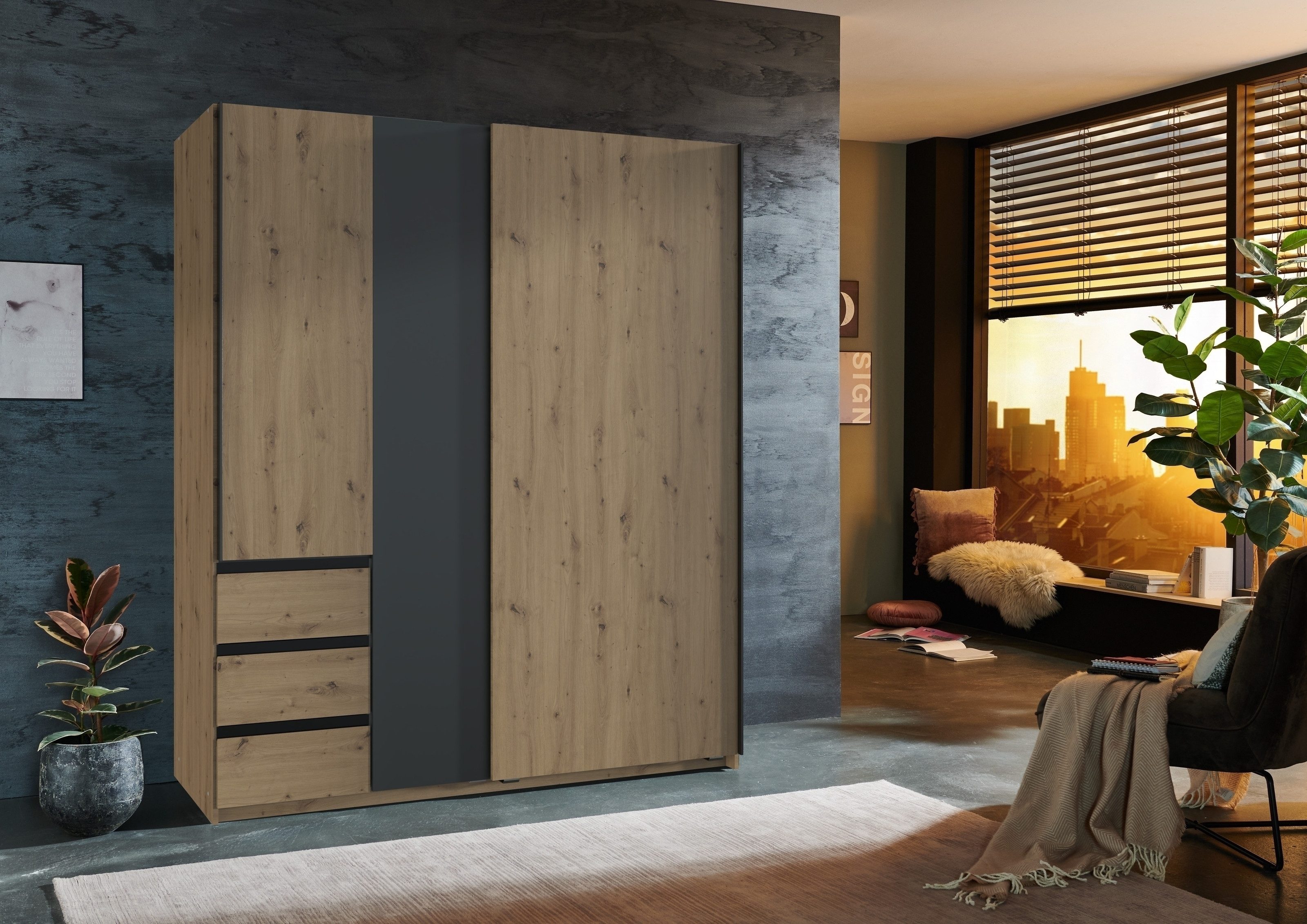 freiraum Schwebetürenschrank Stade GRAPHIT / ARTISAN EICHE Dekor - 168x198x63cm (BxHxT)