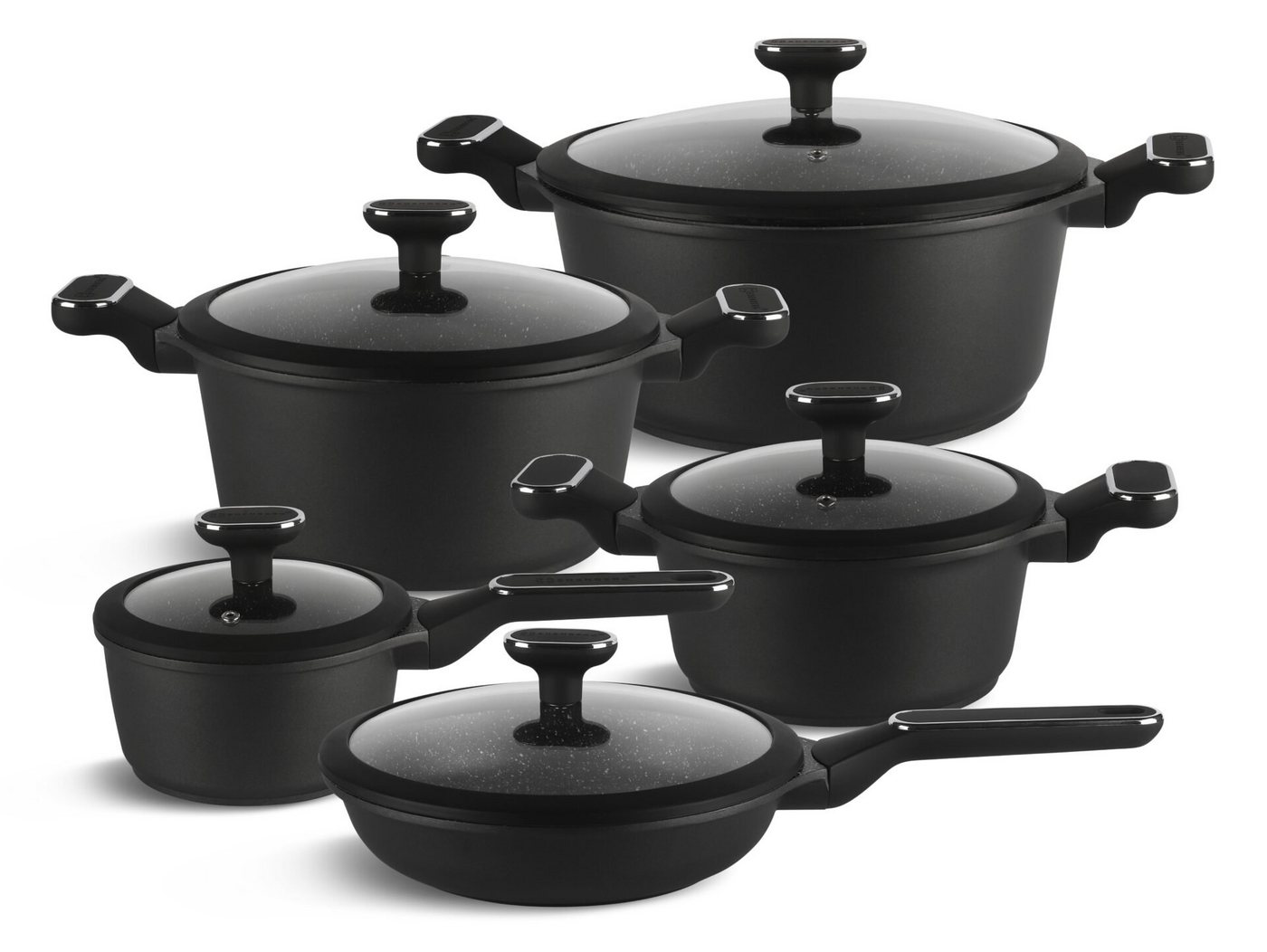 Edenberg Topf-Set 10 tlg Schwarzes Topfset, Matt, Pfanne, Kasserollen, Glasdeckel, Aluminium, Keramik (Entdecken Sie Kochkomfort auf höchstem Niveau – mit diesem stilvollen und vielseitigen Topfset wird jedes Gericht zum Genuss!, 10-tlg., Zeitloses Design