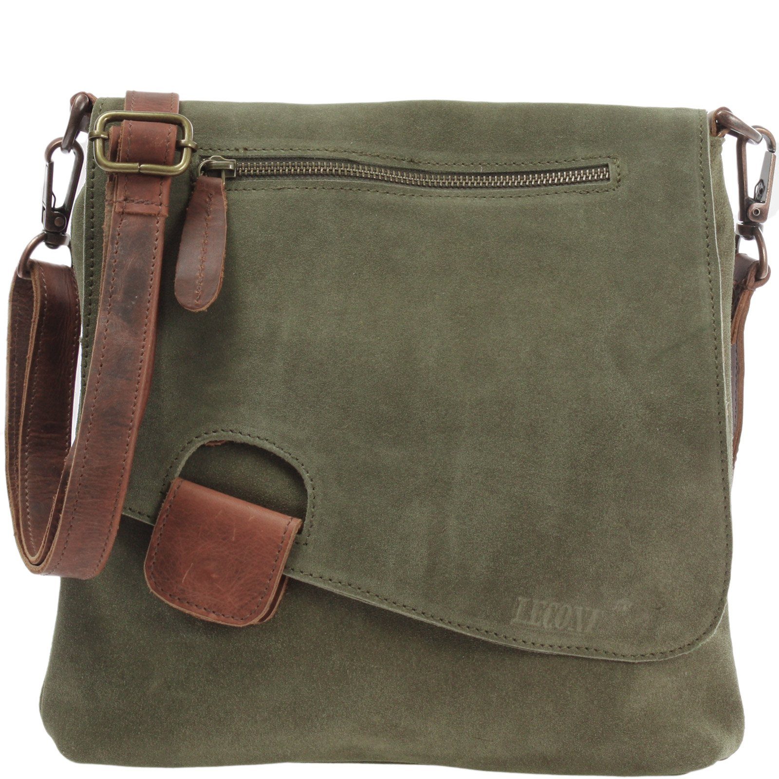 LECONI Umhängetasche Handtasche Ledertasche Damen Schultertasche Echt Wild-Leder LE3027, Überschlag & Reißverschluss – viele Fächer & Farben – 29 × 29 × 6 cm