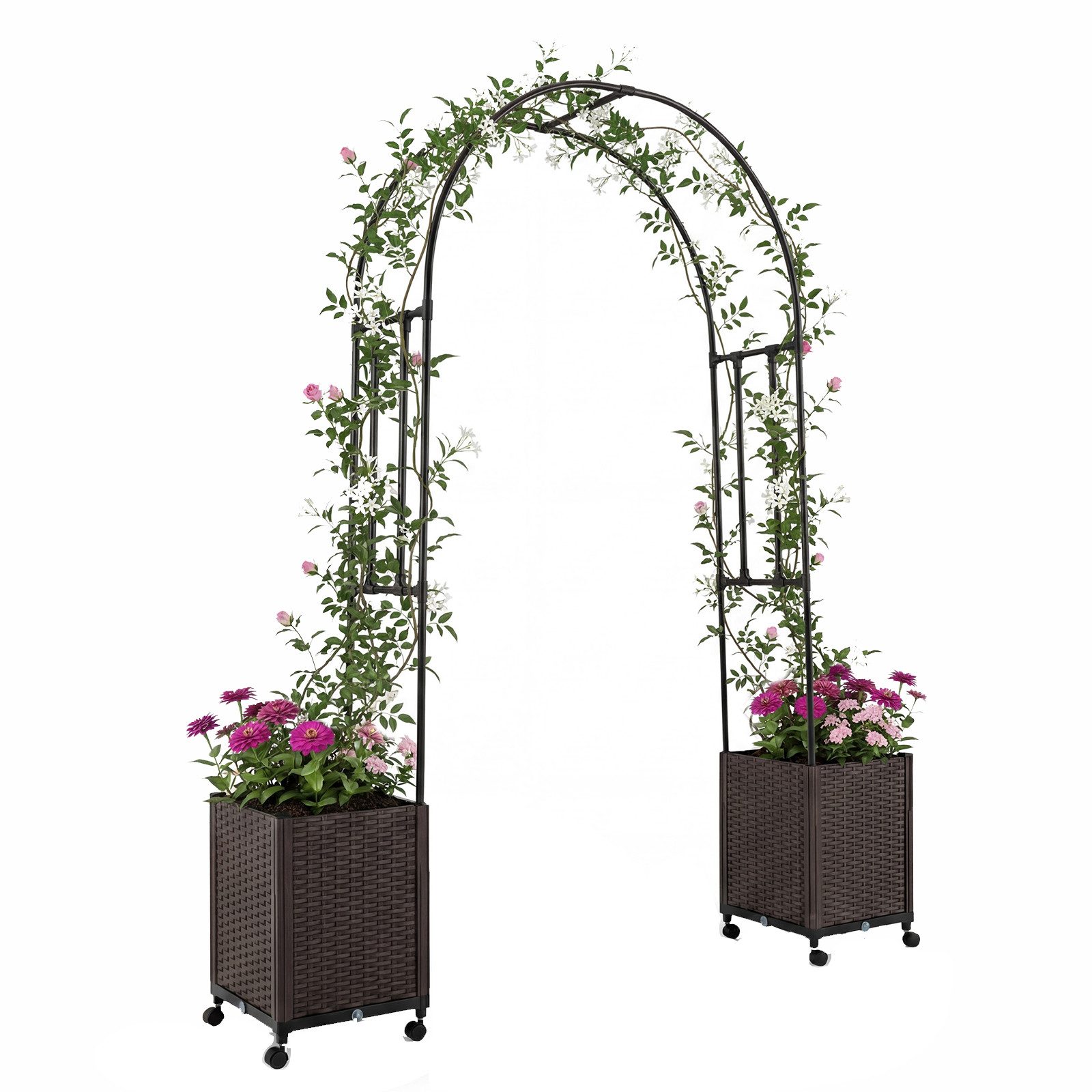 KOMFOTTEU Blumenkasten, Rosenbogen mit 2 Pflanzkästen, Rankgitter, auf Rollen